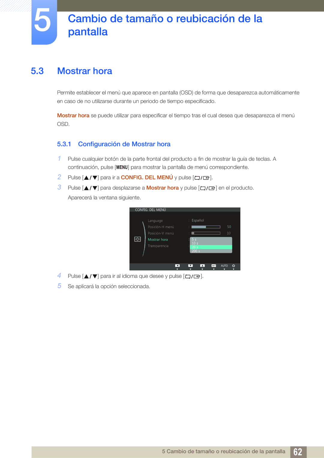 Samsung LS22C45UFS/EN, LS22C45UDW/EN manual Configuración de Mostrar hora 