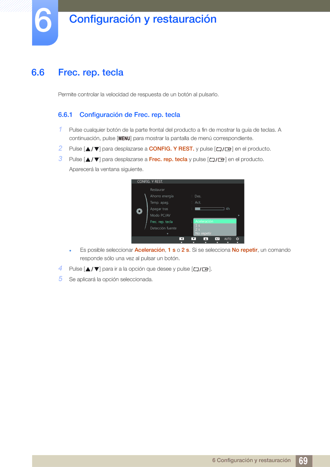 Samsung LS22C45UDW/EN, LS22C45UFS/EN manual Configuración de Frec. rep. tecla 