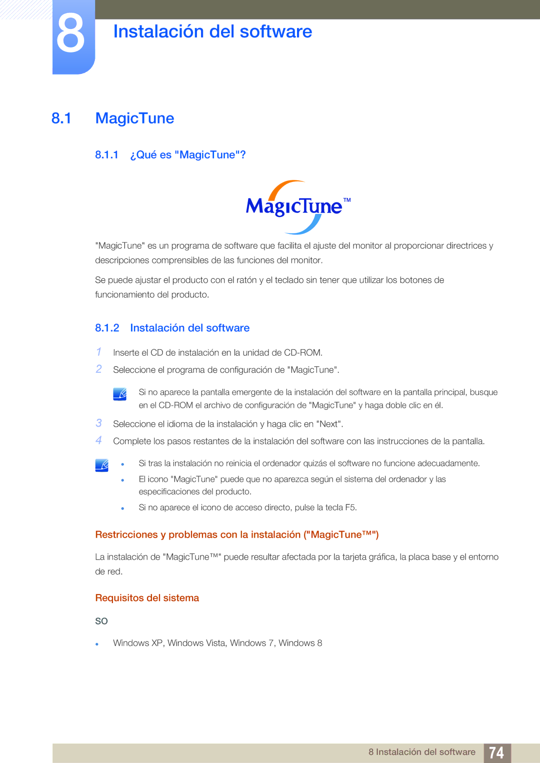 Samsung LS22C45UFS/EN, LS22C45UDW/EN manual Instalación del software, 1 ¿Qué es MagicTune? 