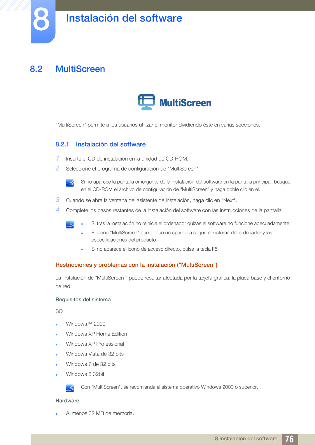 Samsung LS22C45UFS/EN, LS22C45UDW/EN manual Restricciones y problemas con la instalación MultiScreen 