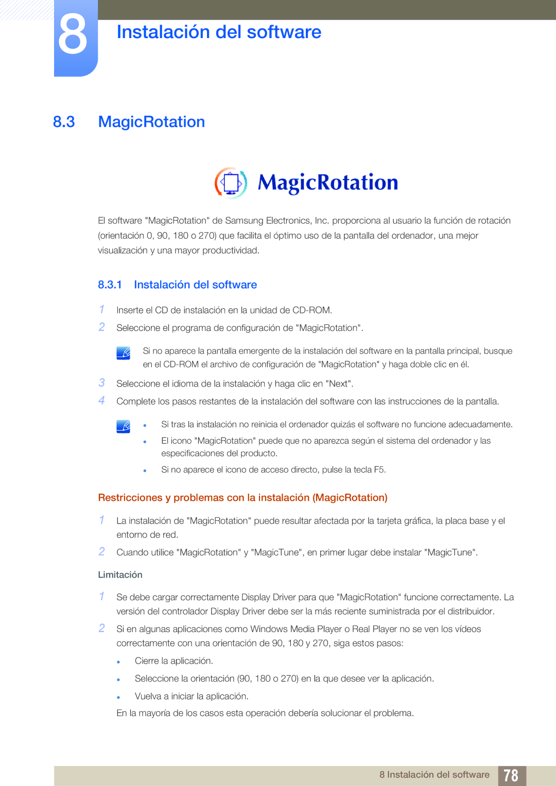 Samsung LS22C45UFS/EN, LS22C45UDW/EN manual Restricciones y problemas con la instalación MagicRotation 