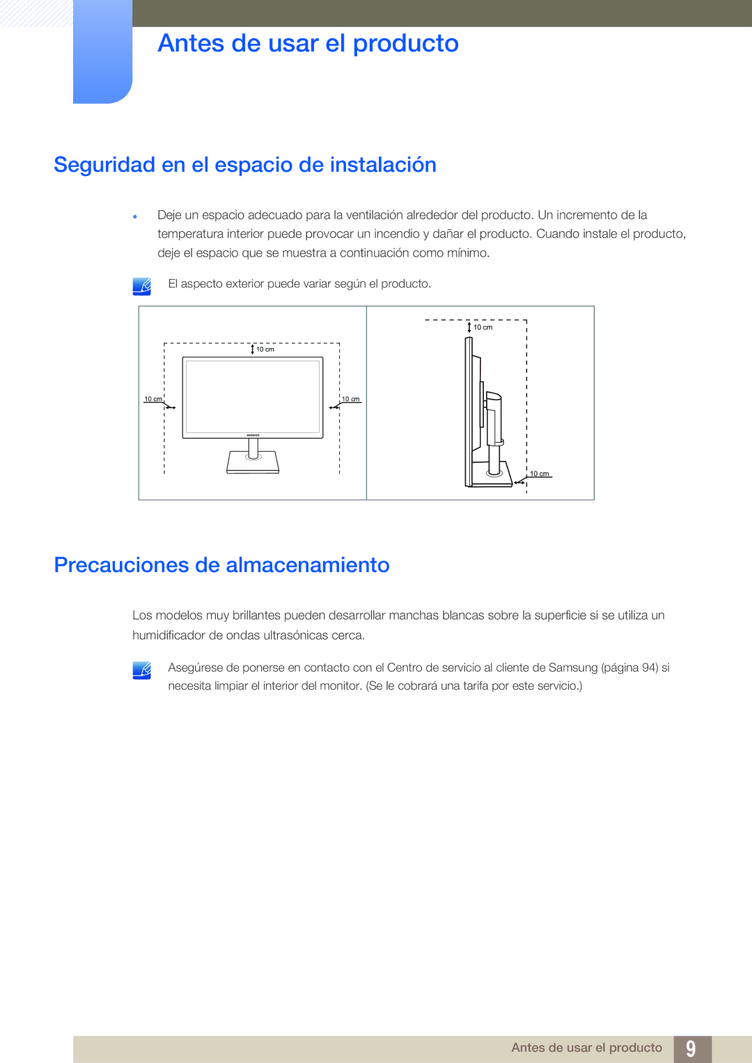 Samsung LS22C45UDW/EN, LS22C45UFS/EN manual Seguridad en el espacio de instalación, Precauciones de almacenamiento 