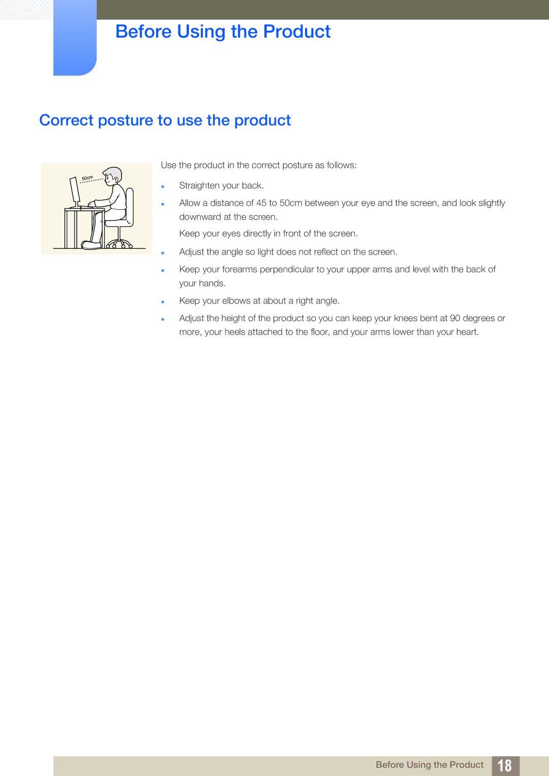 Samsung LS22C45UFS/EN, LS24C45UFS/EN, LS22C45UDW/EN manual Correct posture to use the product 