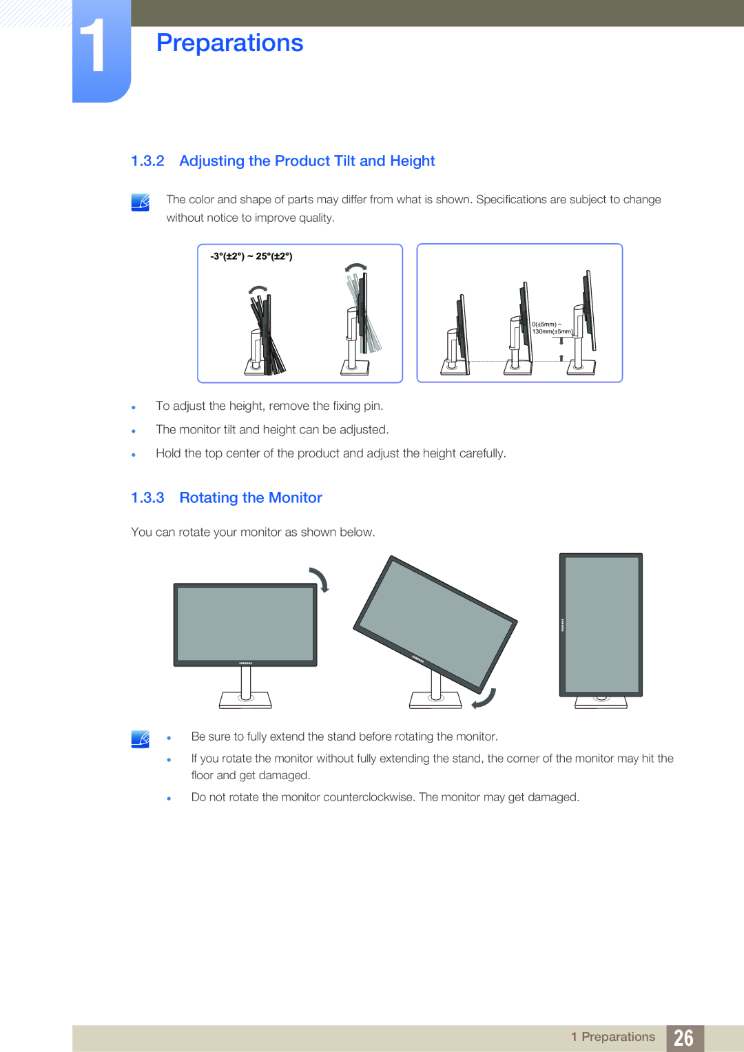 Samsung LS22C45UDW/EN, LS22C45UFS/EN, LS24C45UFS/EN manual Adjusting the Product Tilt and Height, Rotating the Monitor 