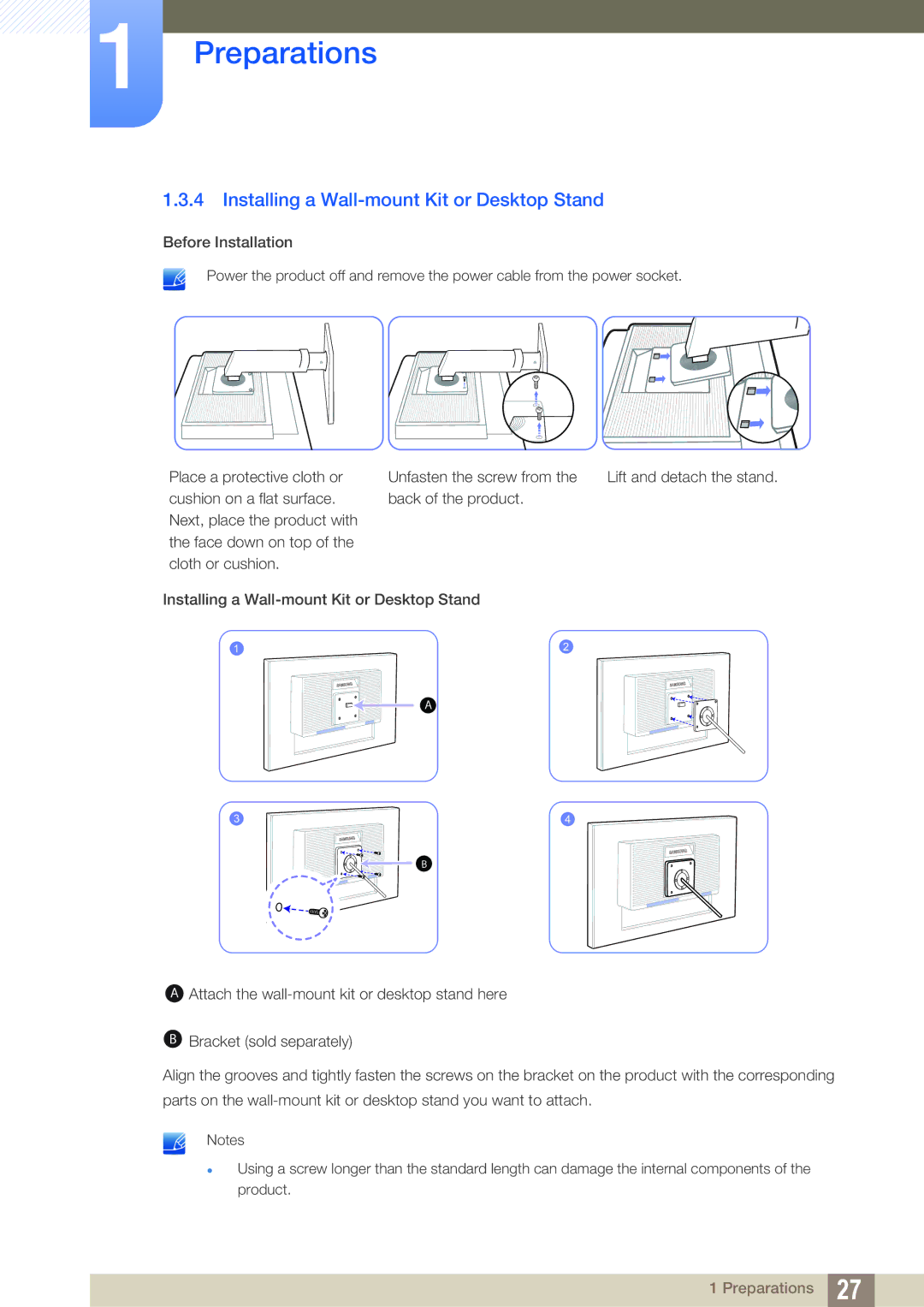 Samsung LS22C45UFS/EN, LS24C45UFS/EN, LS22C45UDW/EN manual Installing a Wall-mount Kit or Desktop Stand 