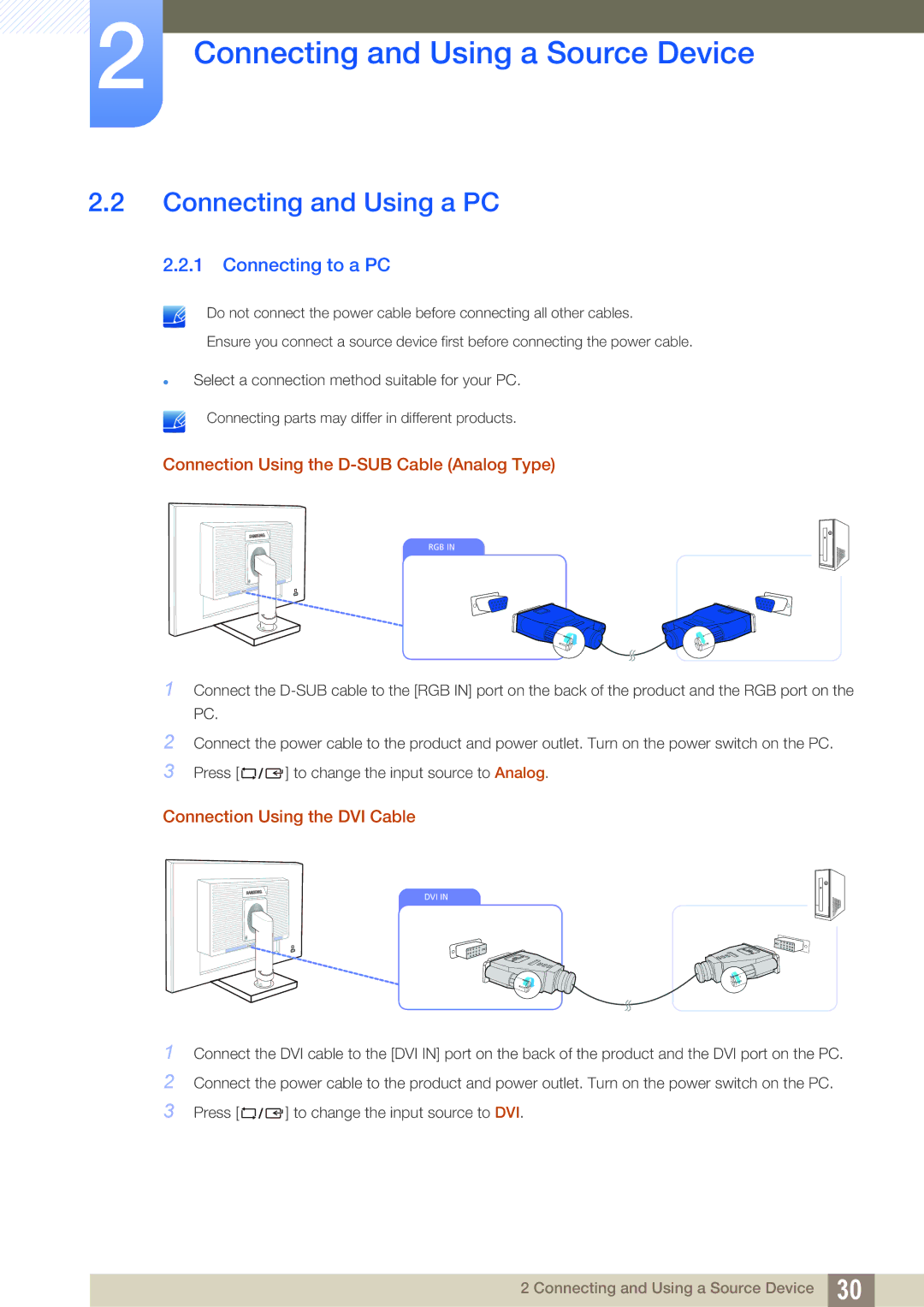 Samsung LS22C45UFS/EN, LS24C45UFS/EN, LS22C45UDW/EN manual Connecting and Using a PC, Connecting to a PC 