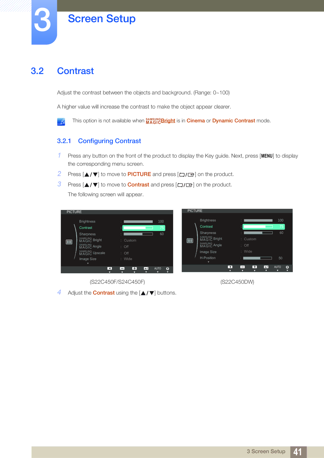 Samsung LS22C45UDW/EN, LS22C45UFS/EN, LS24C45UFS/EN manual Configuring Contrast 