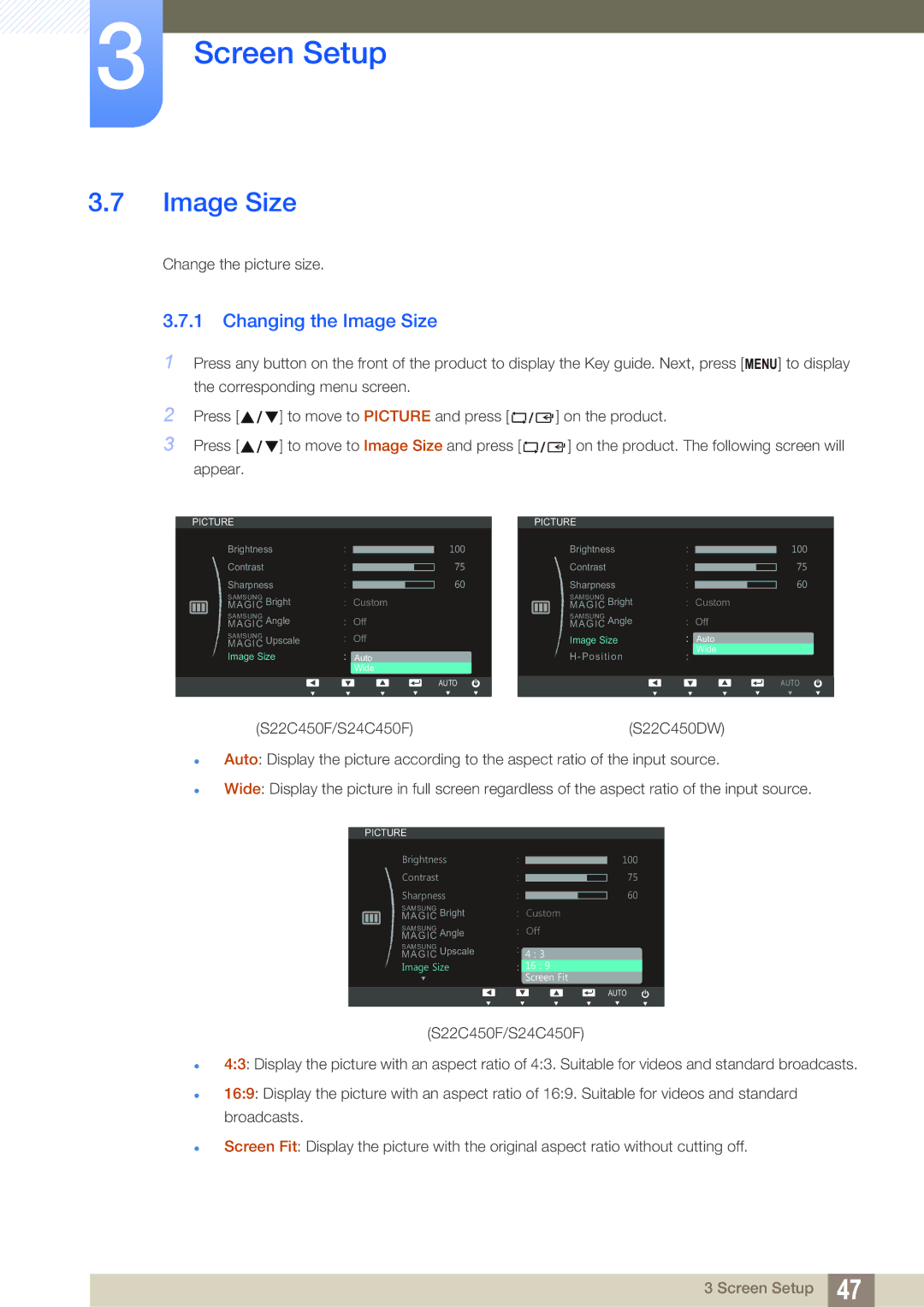 Samsung LS22C45UDW/EN, LS22C45UFS/EN, LS24C45UFS/EN manual Changing the Image Size 