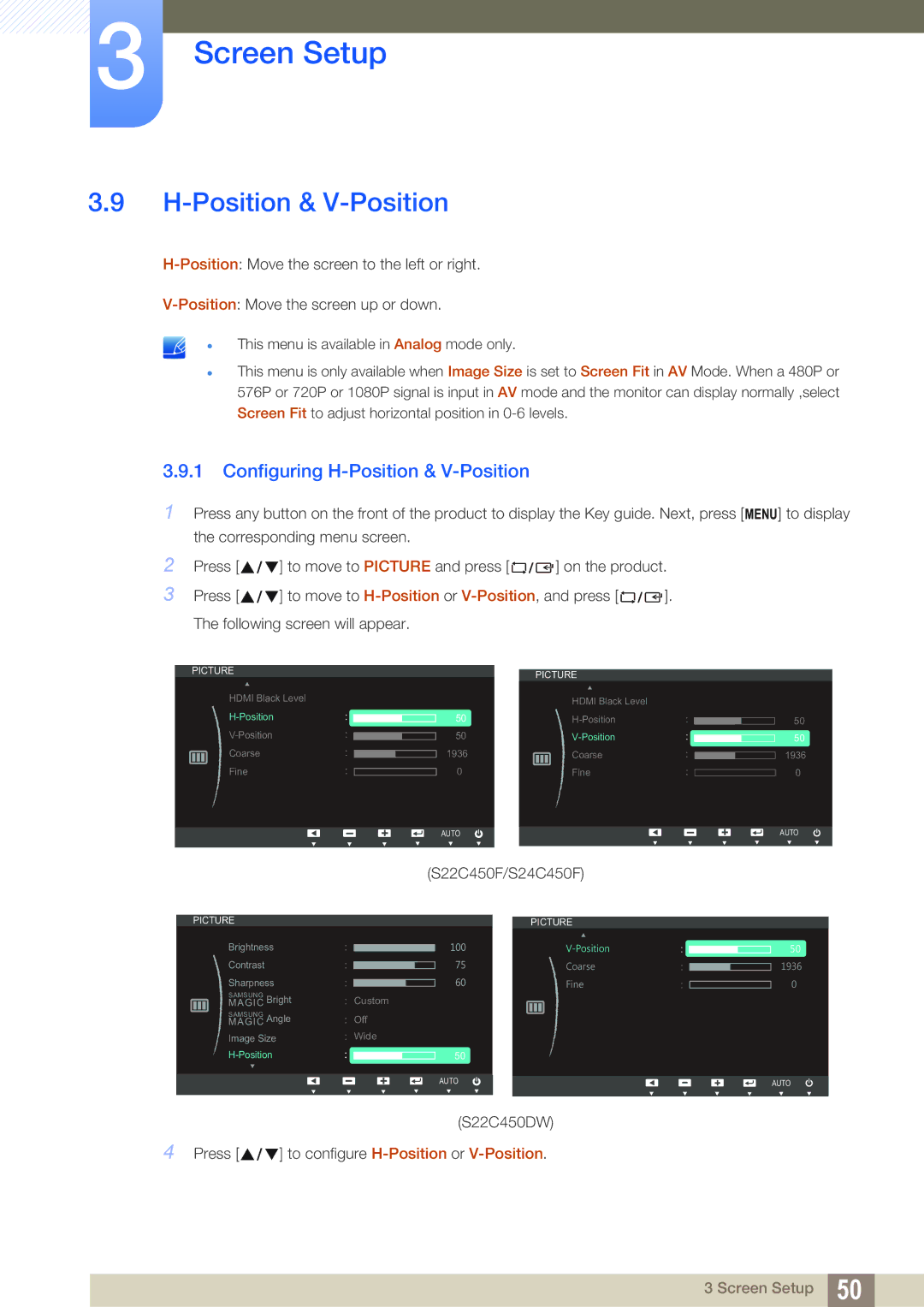 Samsung LS22C45UDW/EN, LS22C45UFS/EN, LS24C45UFS/EN manual Configuring H-Position & V-Position 