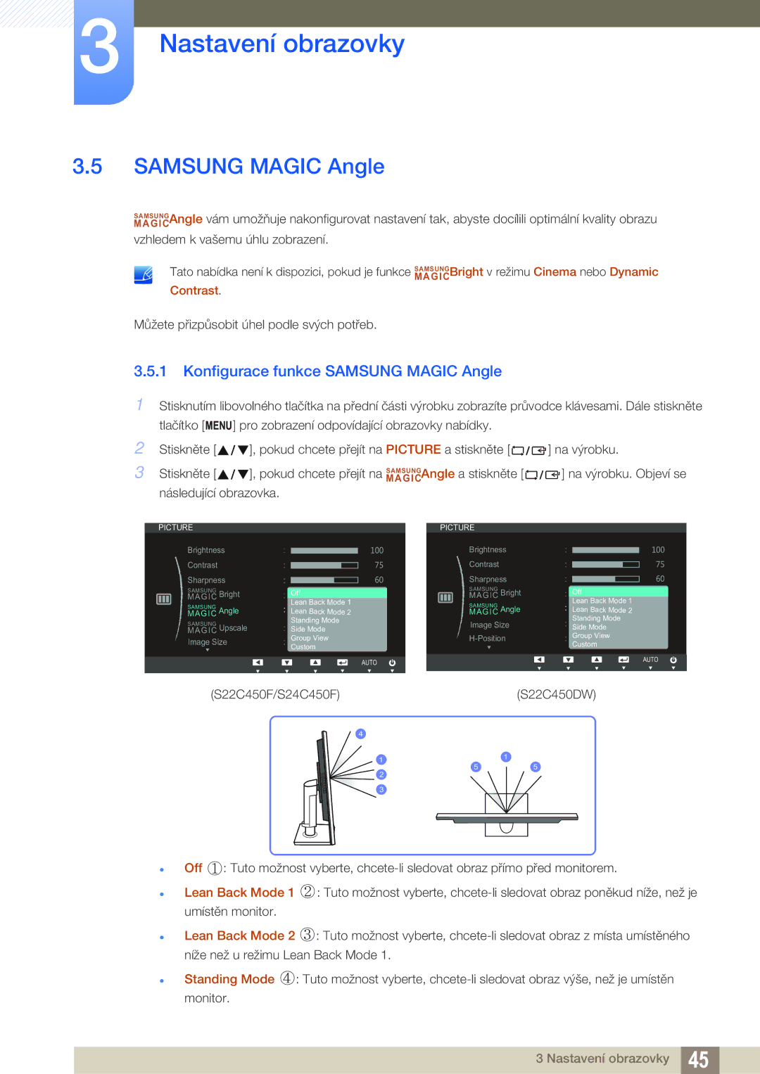 Samsung LS22C45UFS/EN, LS24C45UFS/EN, LS22C45UDW/EN manual Konfigurace funkce Samsung Magic Angle 