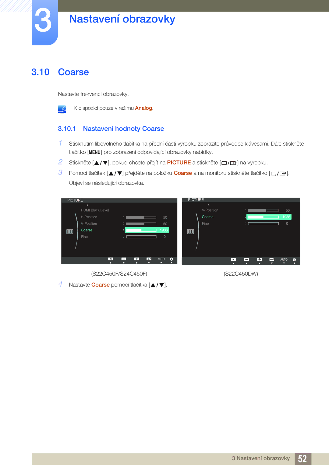 Samsung LS24C45UFS/EN, LS22C45UFS/EN, LS22C45UDW/EN manual Nastavení hodnoty Coarse 