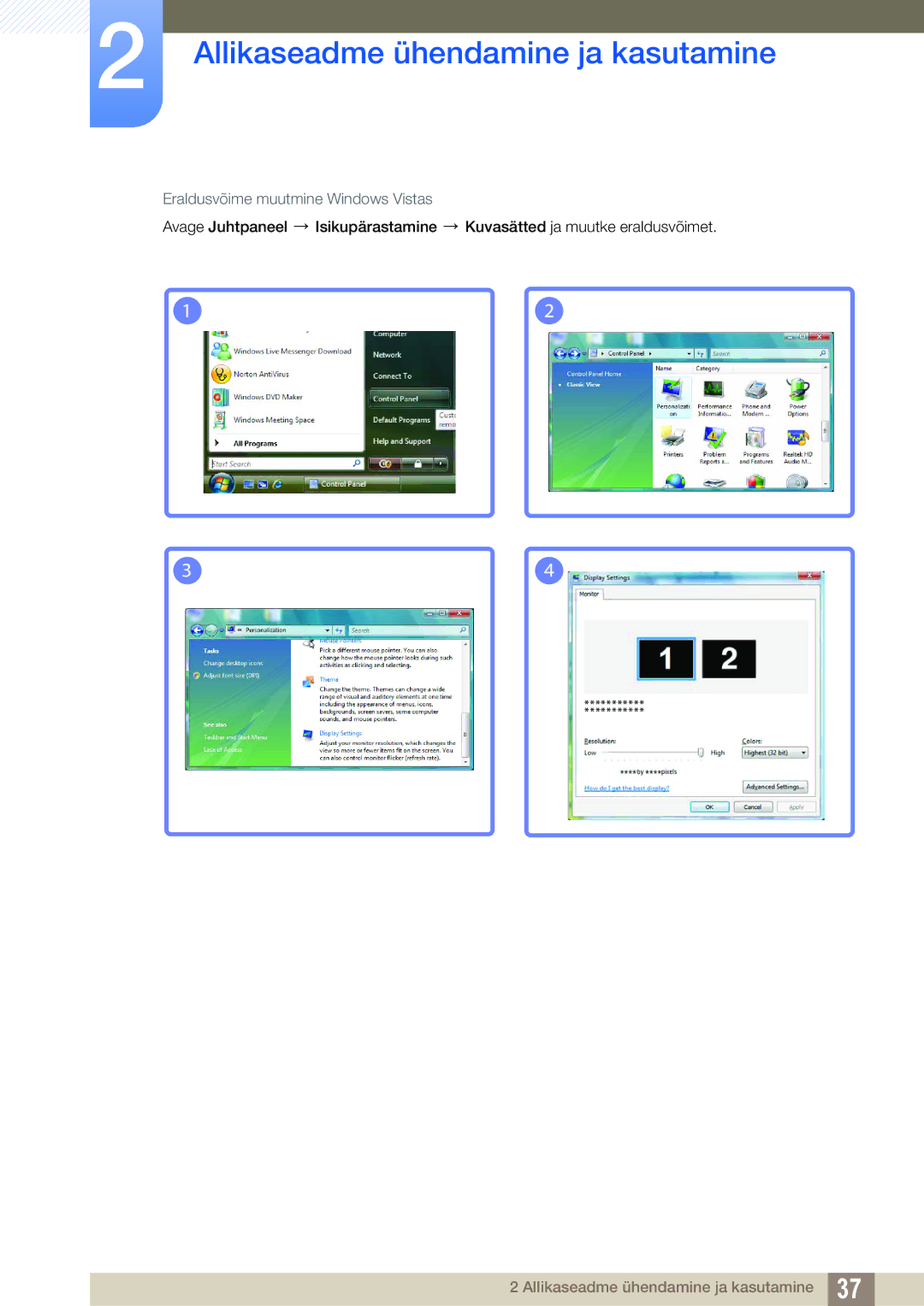 Samsung LS24C45UFS/EN, LS22C45UFS/EN, LS22C45UDW/EN manual Eraldusvõime muutmine Windows Vistas 