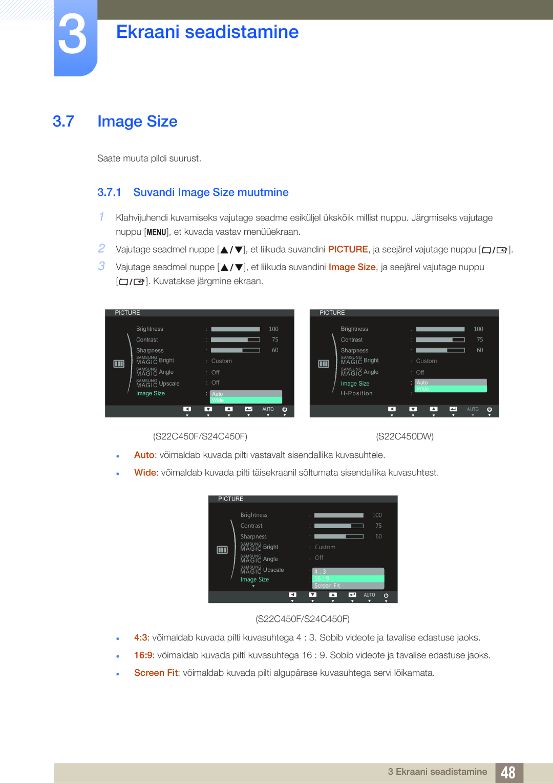 Samsung LS22C45UFS/EN, LS24C45UFS/EN, LS22C45UDW/EN manual Suvandi Image Size muutmine 