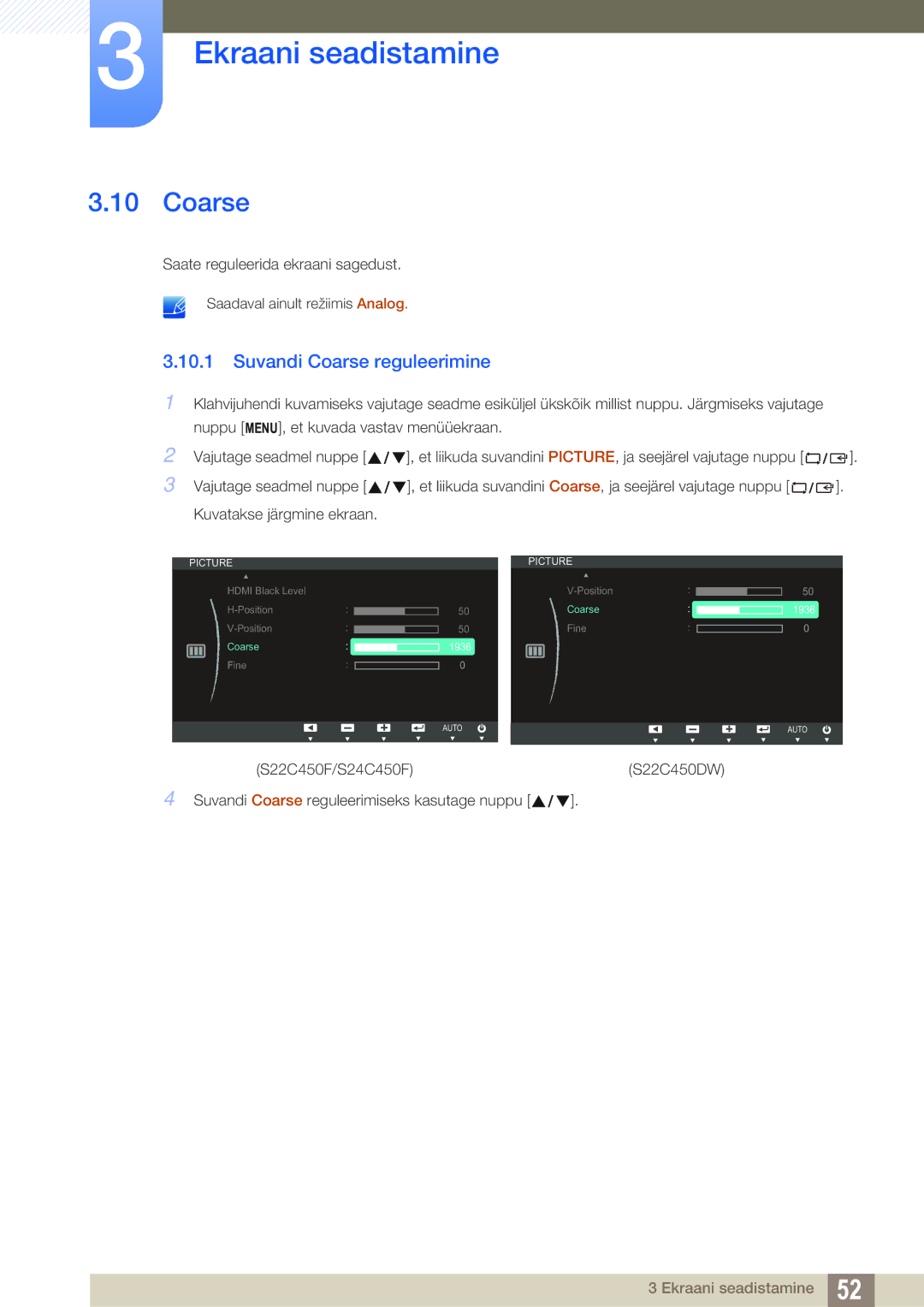 Samsung LS24C45UFS/EN, LS22C45UFS/EN, LS22C45UDW/EN manual Suvandi Coarse reguleerimine 