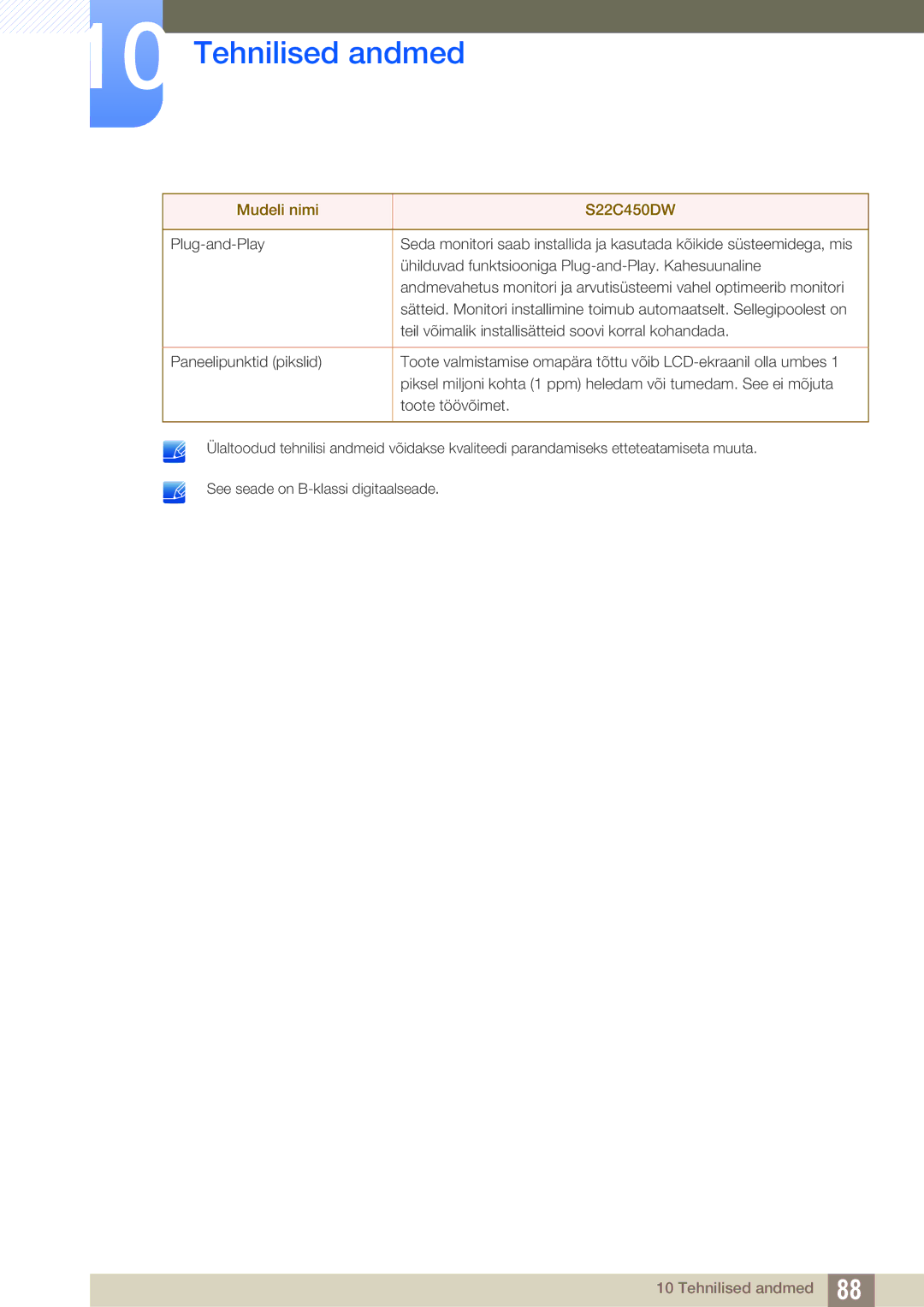 Samsung LS24C45UFS/EN, LS22C45UFS/EN, LS22C45UDW/EN manual Tehnilised andmed 