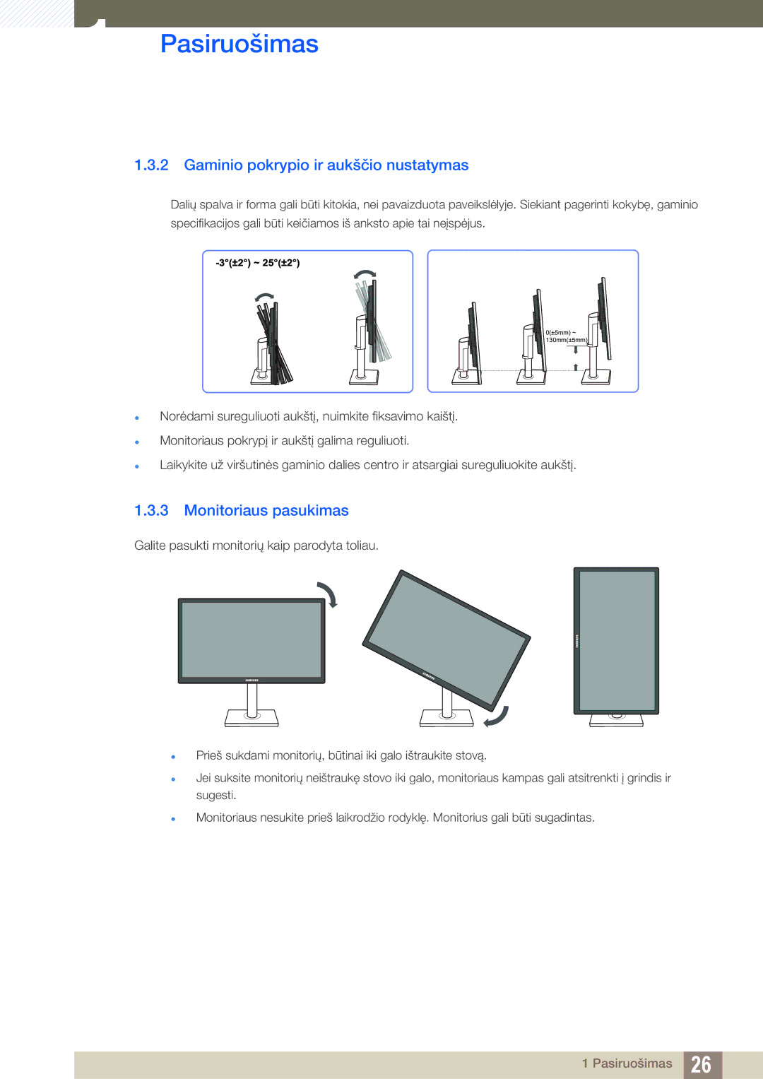 Samsung LS22C45UDW/EN, LS22C45UFS/EN, LS24C45UFS/EN manual Gaminio pokrypio ir aukščio nustatymas, Monitoriaus pasukimas 