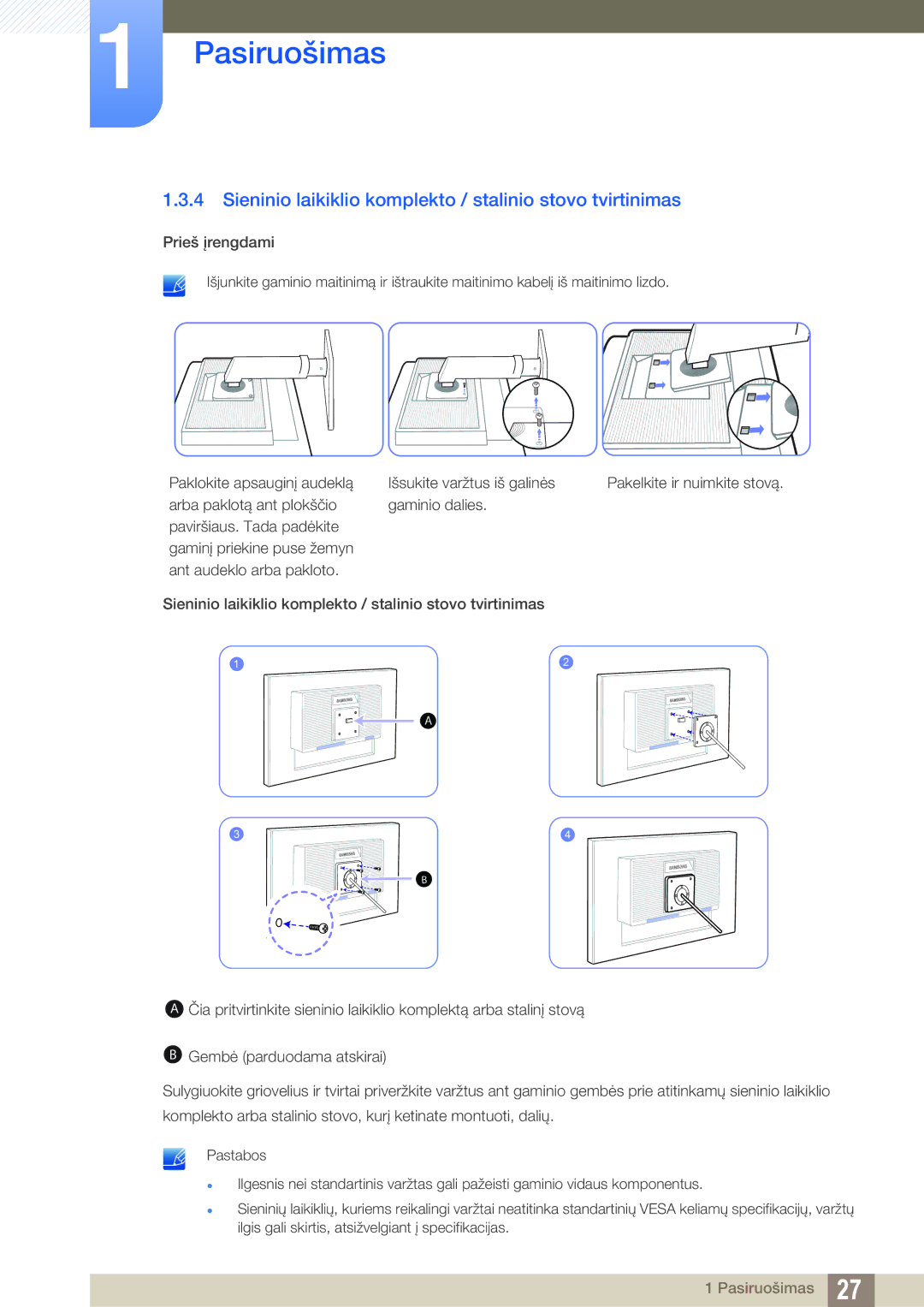 Samsung LS22C45UFS/EN, LS24C45UFS/EN, LS22C45UDW/EN manual Sieninio laikiklio komplekto / stalinio stovo tvirtinimas 