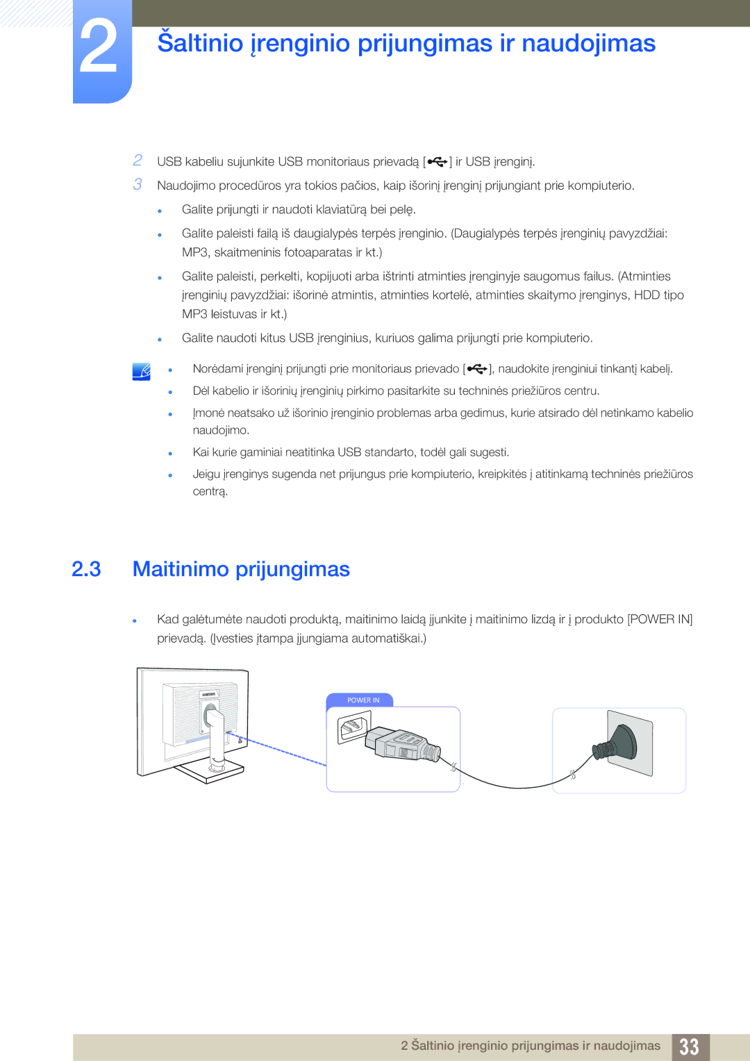 Samsung LS22C45UFS/EN, LS24C45UFS/EN, LS22C45UDW/EN manual Maitinimo prijungimas 