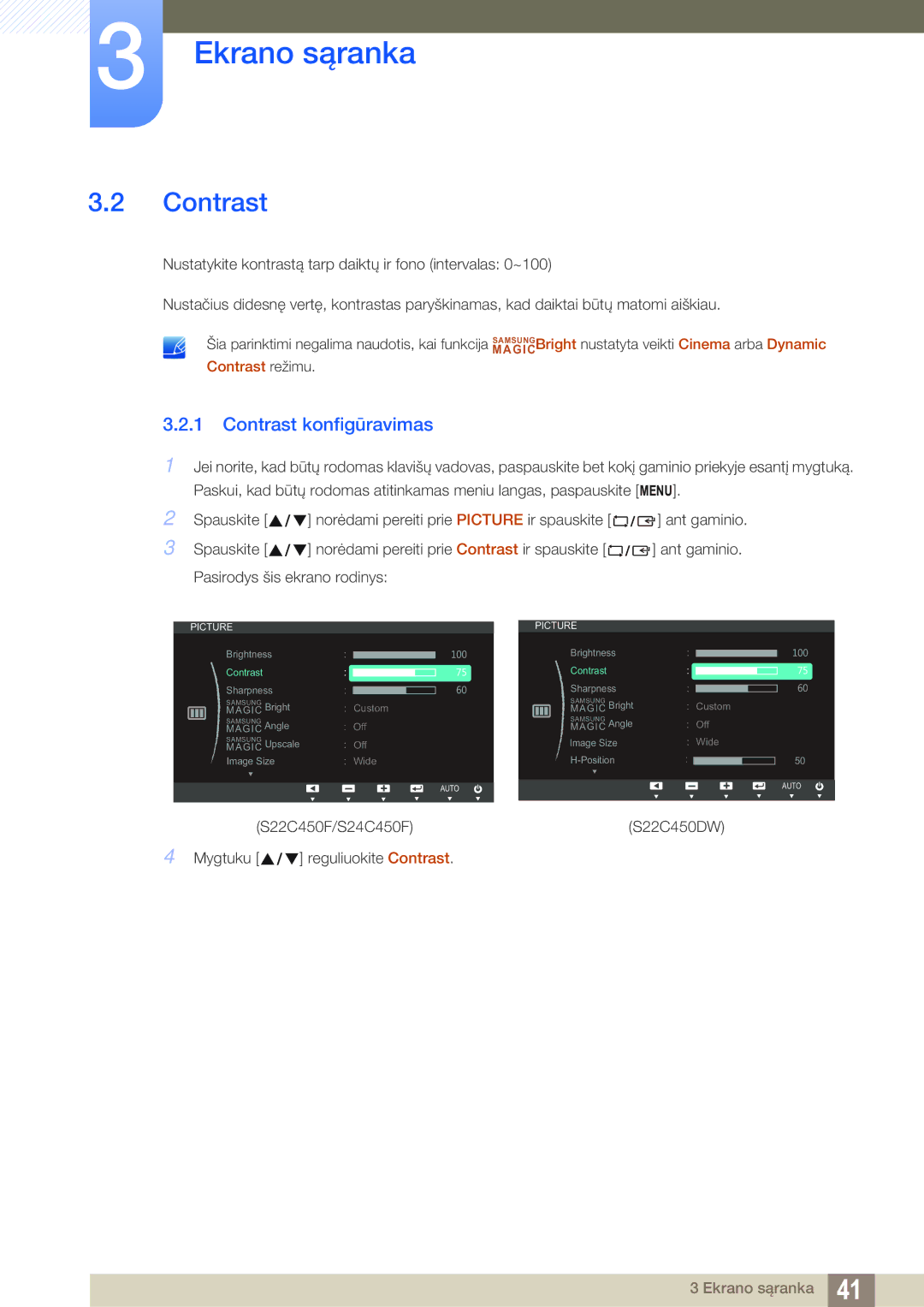 Samsung LS22C45UDW/EN, LS22C45UFS/EN, LS24C45UFS/EN manual Contrast konfigūravimas 