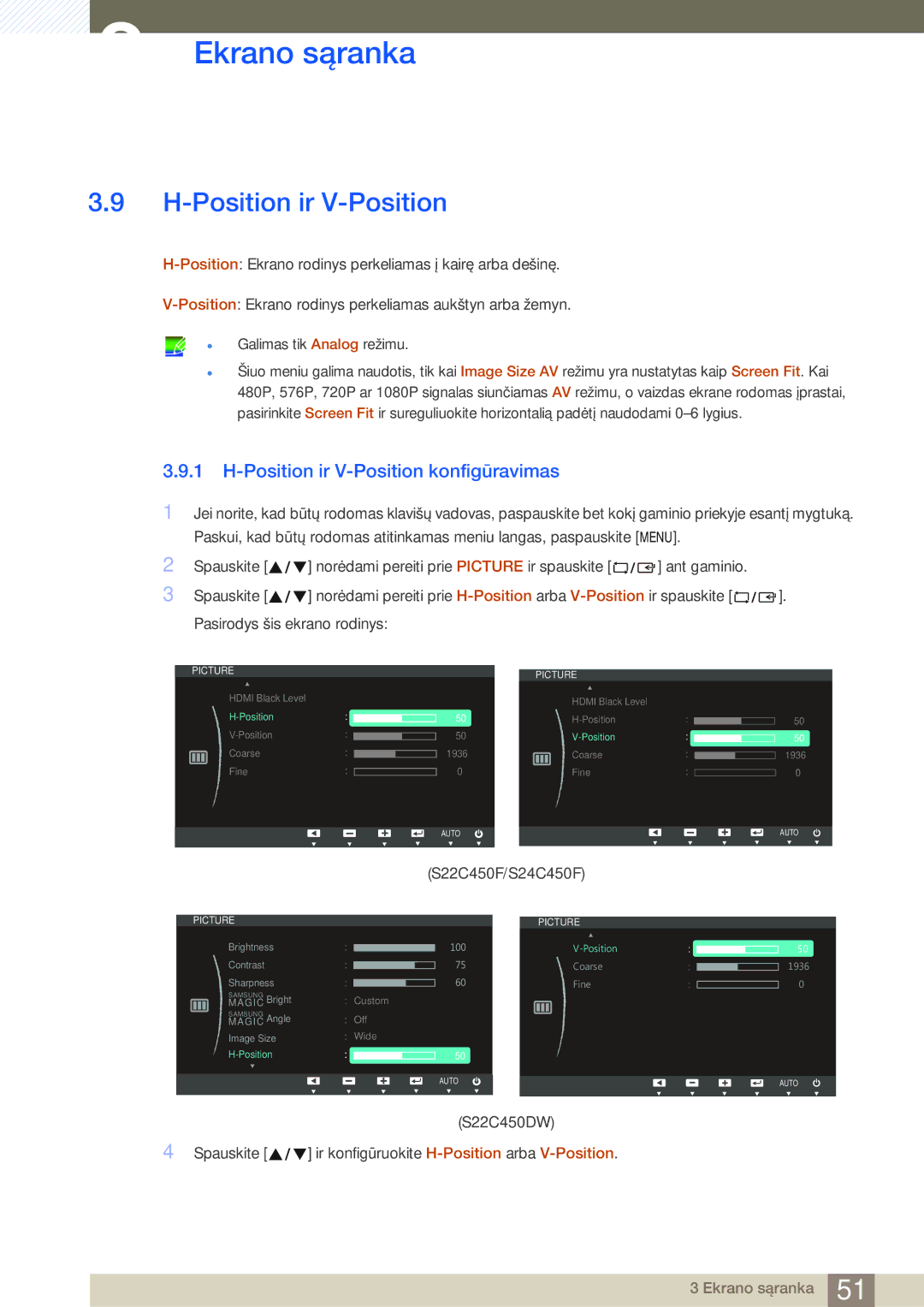 Samsung LS22C45UFS/EN, LS24C45UFS/EN, LS22C45UDW/EN manual Position ir V-Position konfigūravimas 
