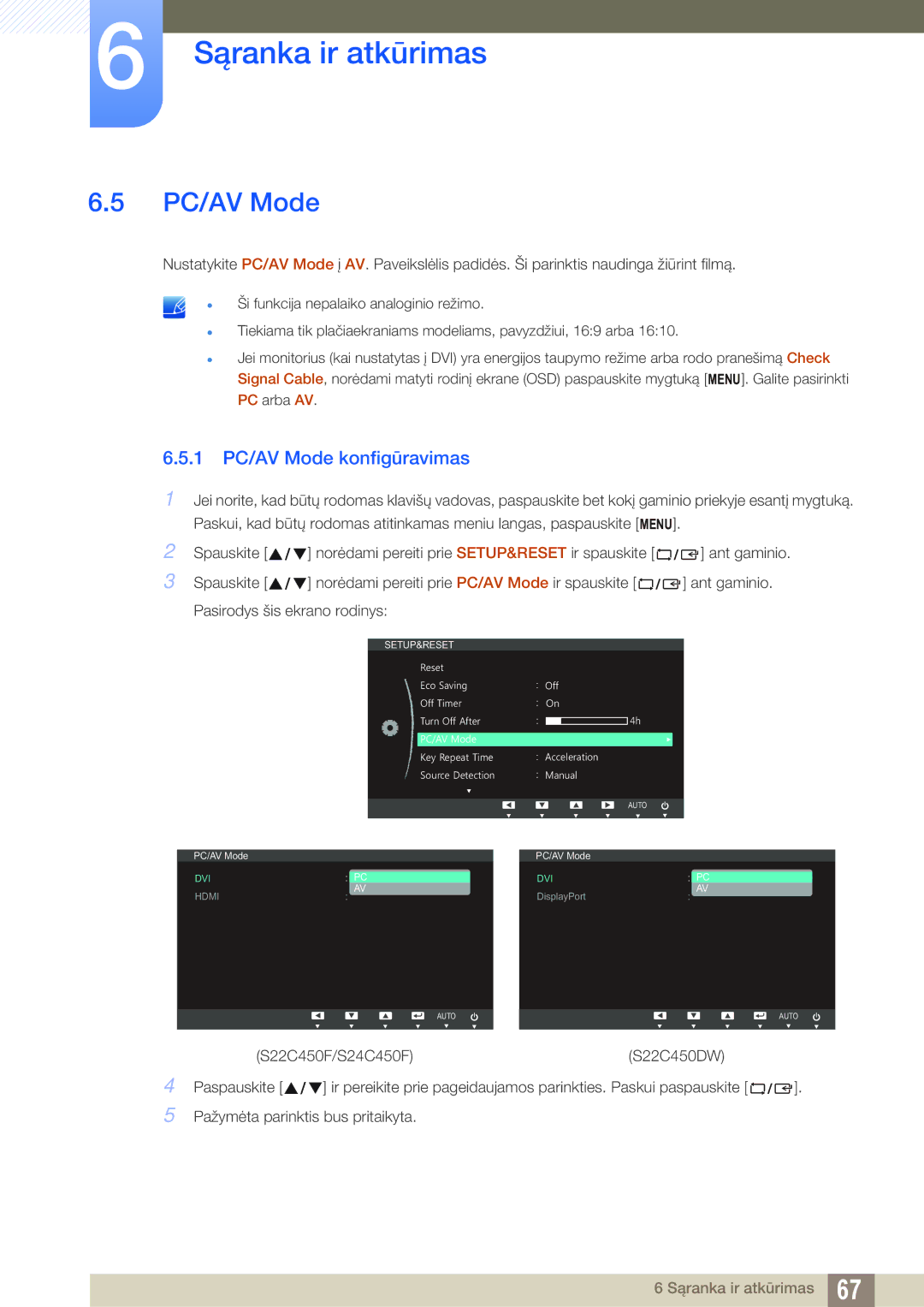 Samsung LS24C45UFS/EN, LS22C45UFS/EN, LS22C45UDW/EN manual 1 PC/AV Mode konfigūravimas 