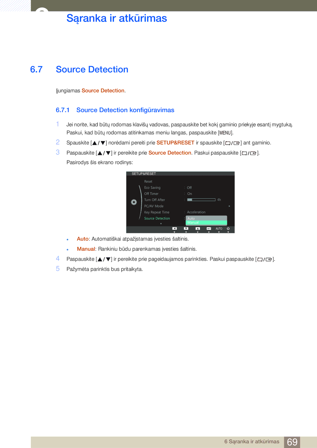 Samsung LS22C45UFS/EN, LS24C45UFS/EN, LS22C45UDW/EN manual Source Detection konfigūravimas 