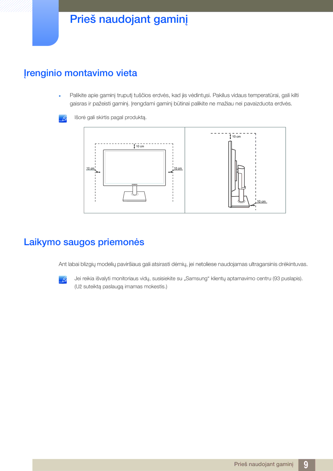 Samsung LS22C45UFS/EN, LS24C45UFS/EN, LS22C45UDW/EN manual Įrenginio montavimo vieta, Laikymo saugos priemonės 