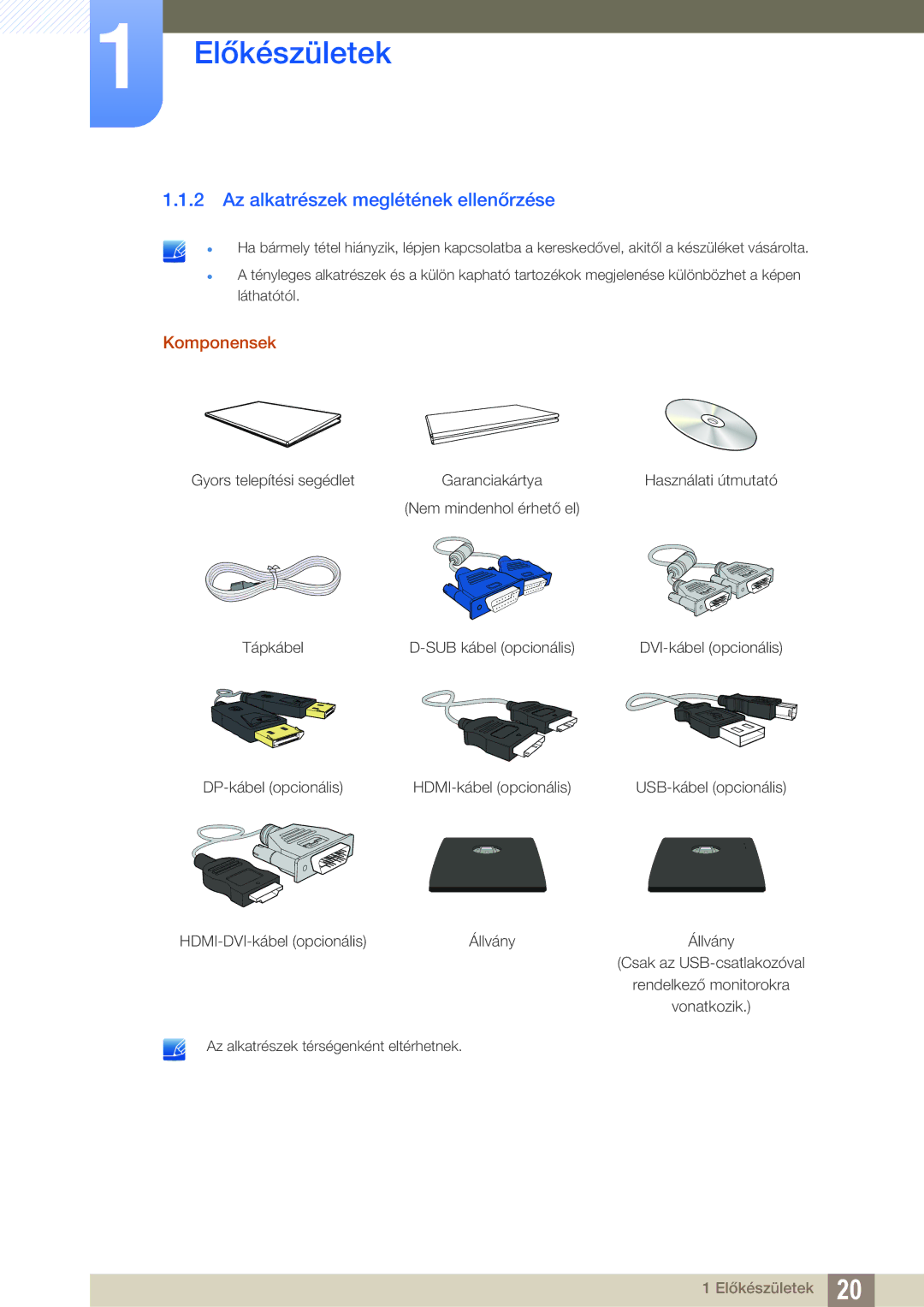 Samsung LS22C45UDW/EN, LS22C45UFS/EN, LS24C45UFS/EN manual Az alkatrészek meglétének ellenőrzése, Komponensek 