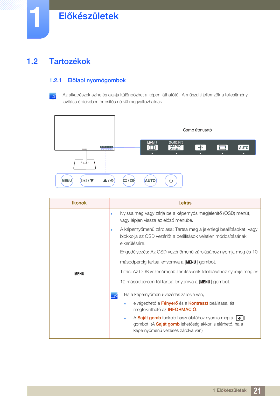 Samsung LS22C45UFS/EN, LS24C45UFS/EN, LS22C45UDW/EN manual Tartozékok, 1 Előlapi nyomógombok 