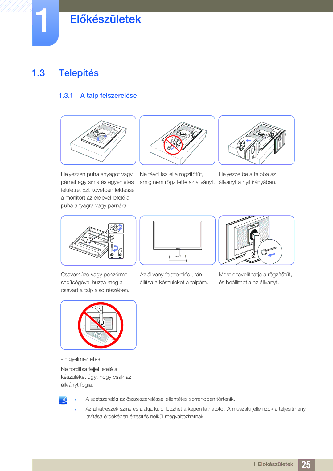 Samsung LS24C45UFS/EN, LS22C45UFS/EN, LS22C45UDW/EN manual Telepítés, Talp felszerelése 