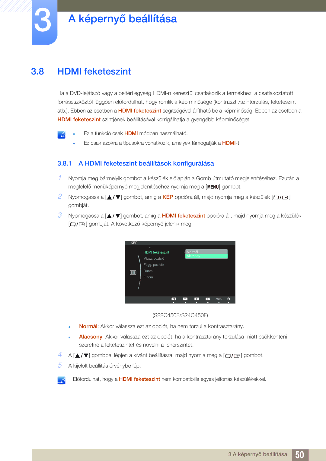 Samsung LS22C45UDW/EN, LS22C45UFS/EN, LS24C45UFS/EN manual Hdmi feketeszint beállítások konfigurálása 