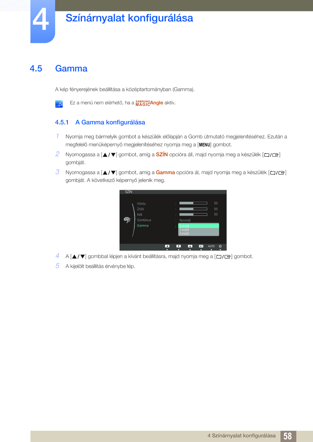 Samsung LS24C45UFS/EN, LS22C45UFS/EN, LS22C45UDW/EN manual Gamma konfigurálása 