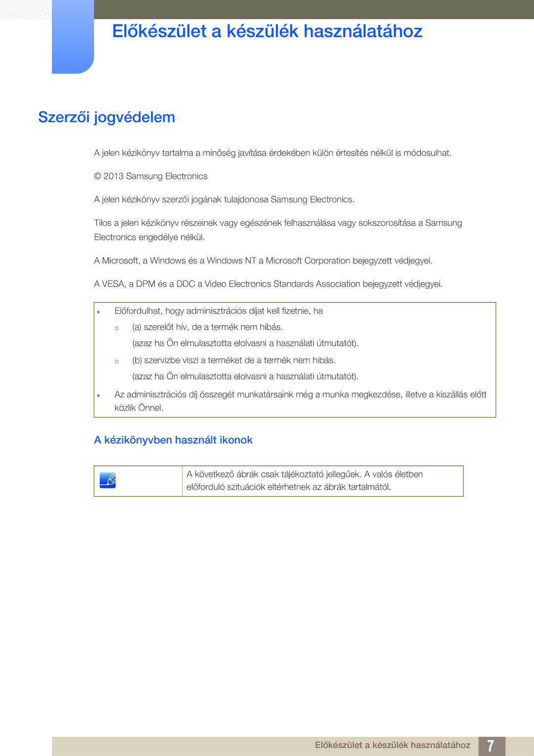 Samsung LS24C45UFS/EN manual Előkészület a készülék használatához, Szerzői jogvédelem, Kézikönyvben használt ikonok 