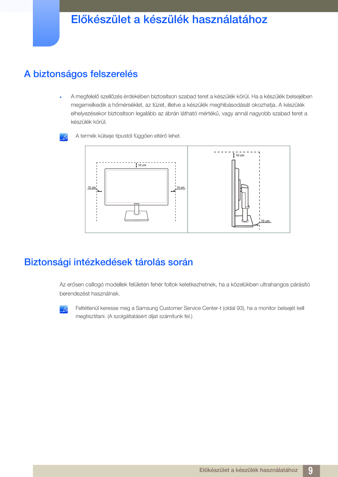 Samsung LS22C45UFS/EN, LS24C45UFS/EN, LS22C45UDW/EN manual Biztonságos felszerelés, Biztonsági intézkedések tárolás során 