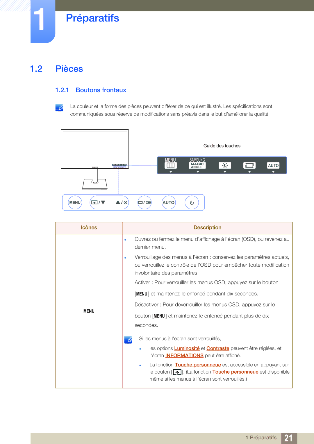 Samsung LS24C45UFS/EN, LS22C45UFS/EN manual Pièces, Boutons frontaux 