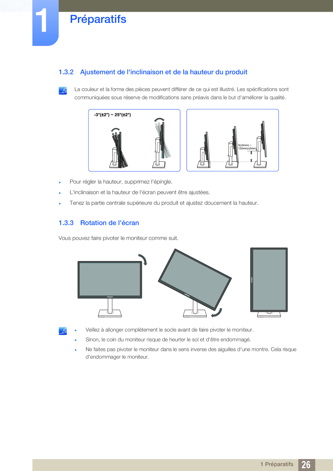 Samsung LS22C45UFS/EN, LS24C45UFS/EN manual Ajustement de linclinaison et de la hauteur du produit, Rotation de lécran 