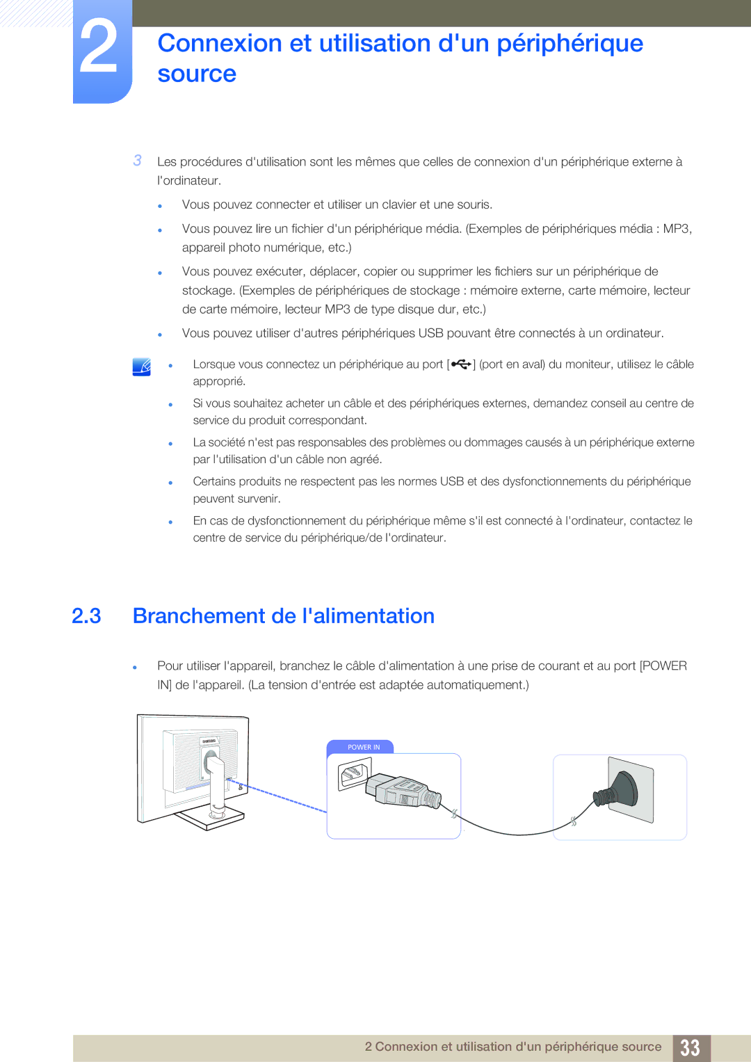 Samsung LS24C45UFS/EN, LS22C45UFS/EN manual Branchement de lalimentation 