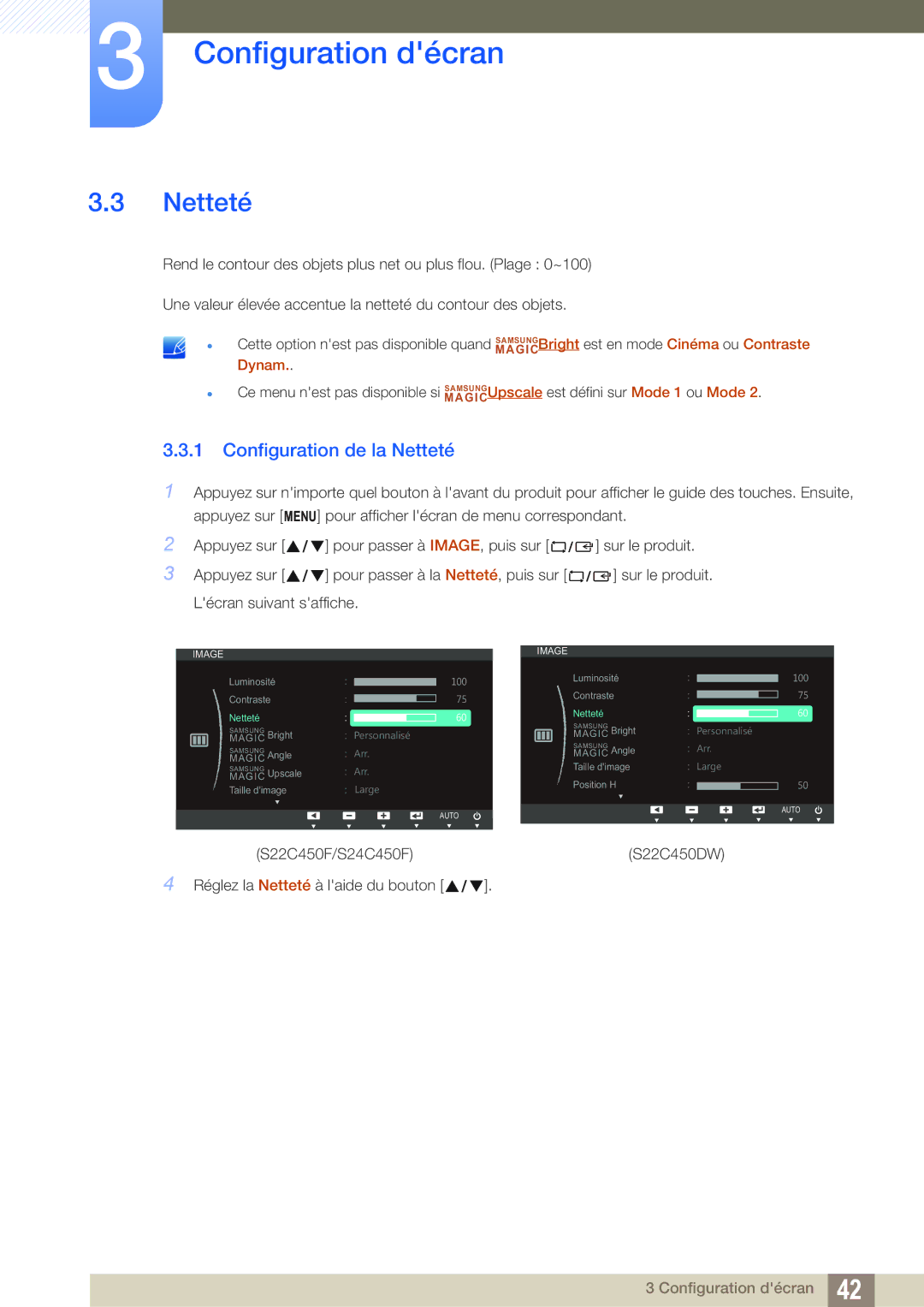 Samsung LS22C45UFS/EN, LS24C45UFS/EN manual Configuration de la Netteté 