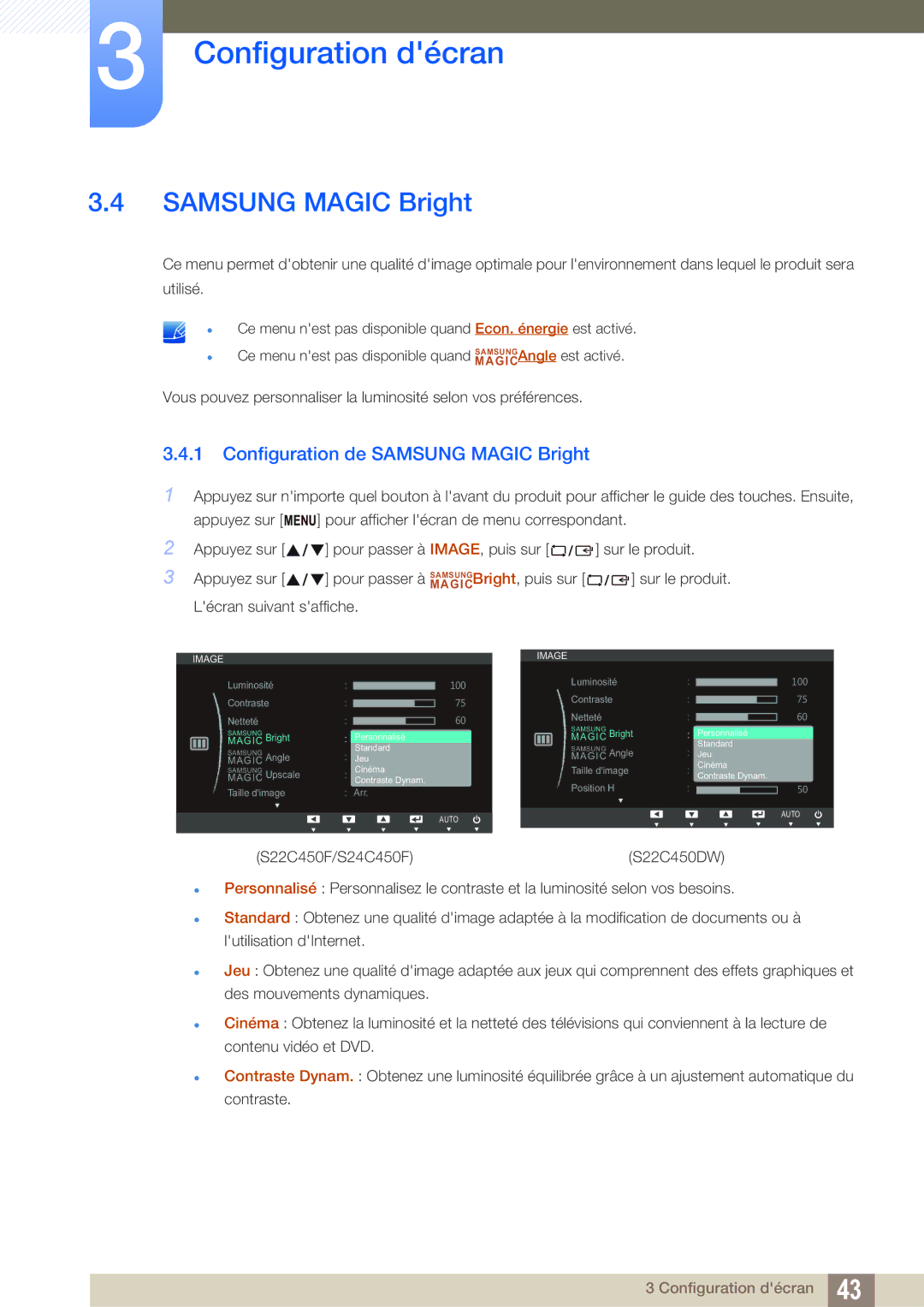 Samsung LS24C45UFS/EN, LS22C45UFS/EN manual Configuration de Samsung Magic Bright 