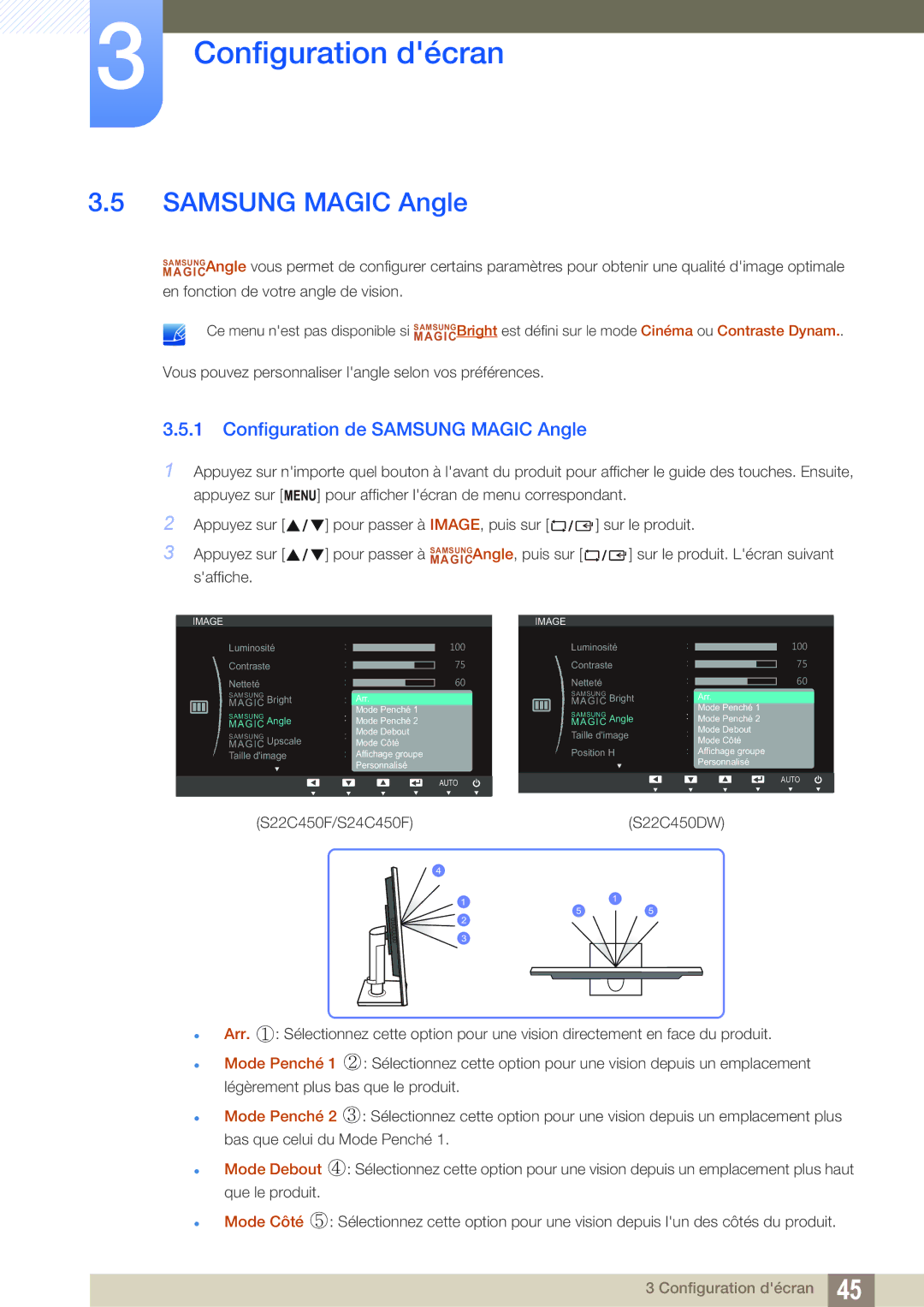 Samsung LS24C45UFS/EN, LS22C45UFS/EN manual Configuration de Samsung Magic Angle 