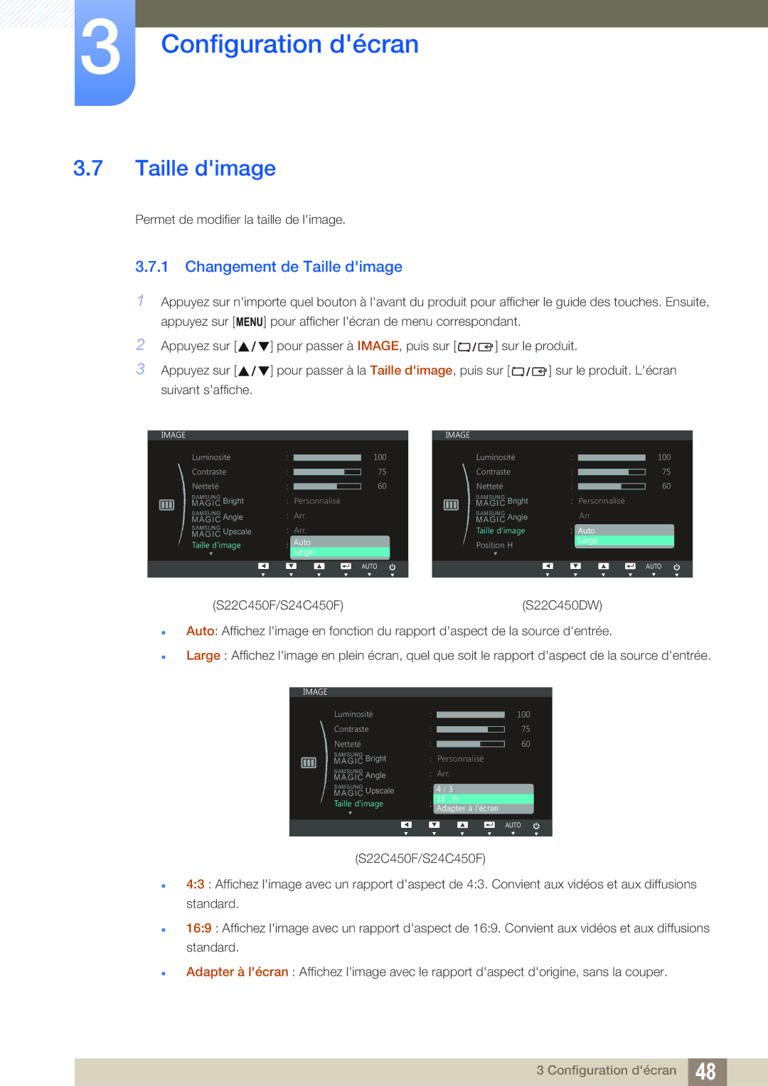 Samsung LS22C45UFS/EN, LS24C45UFS/EN manual Changement de Taille dimage 
