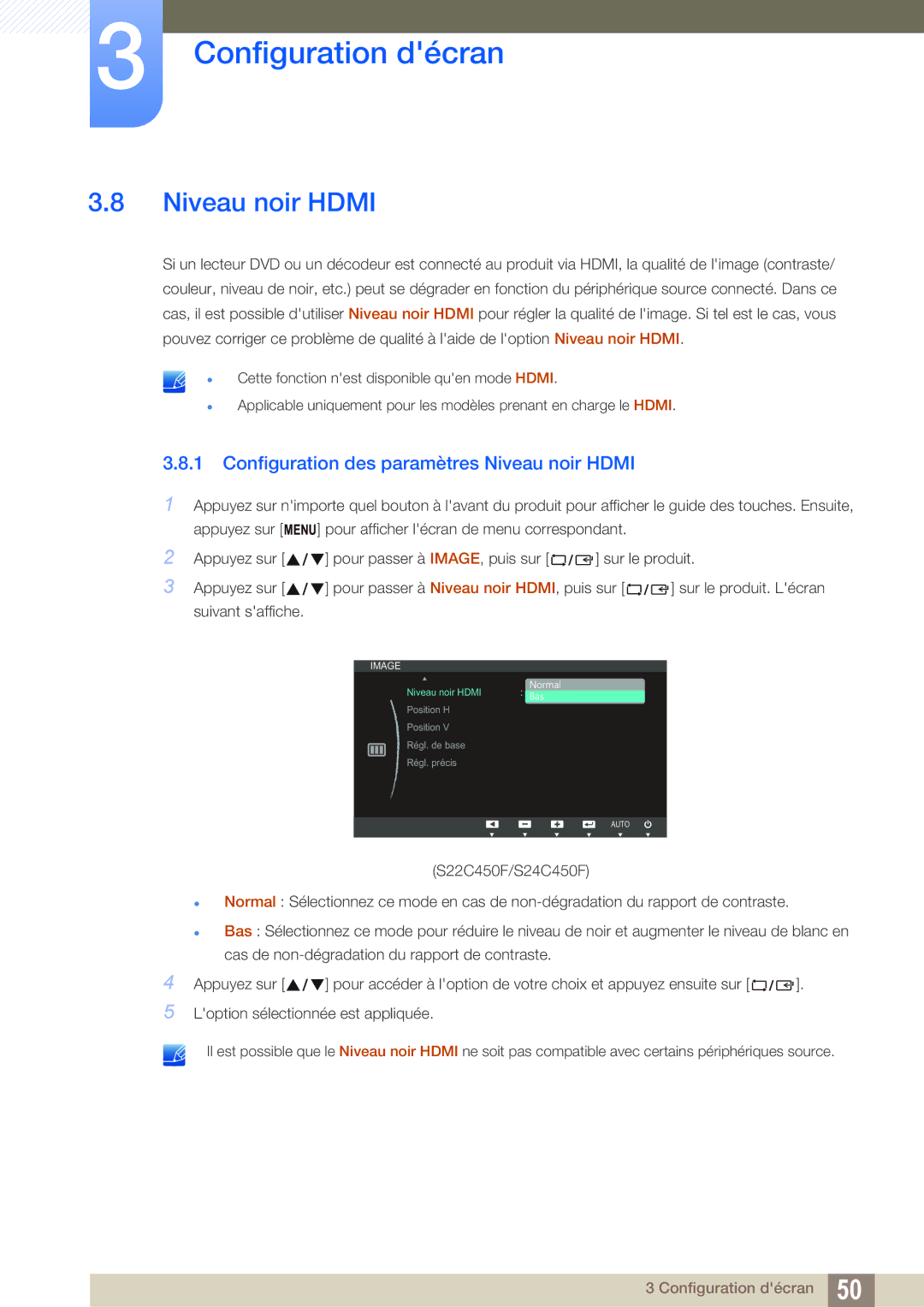 Samsung LS22C45UFS/EN, LS24C45UFS/EN manual Configuration des paramètres Niveau noir Hdmi 