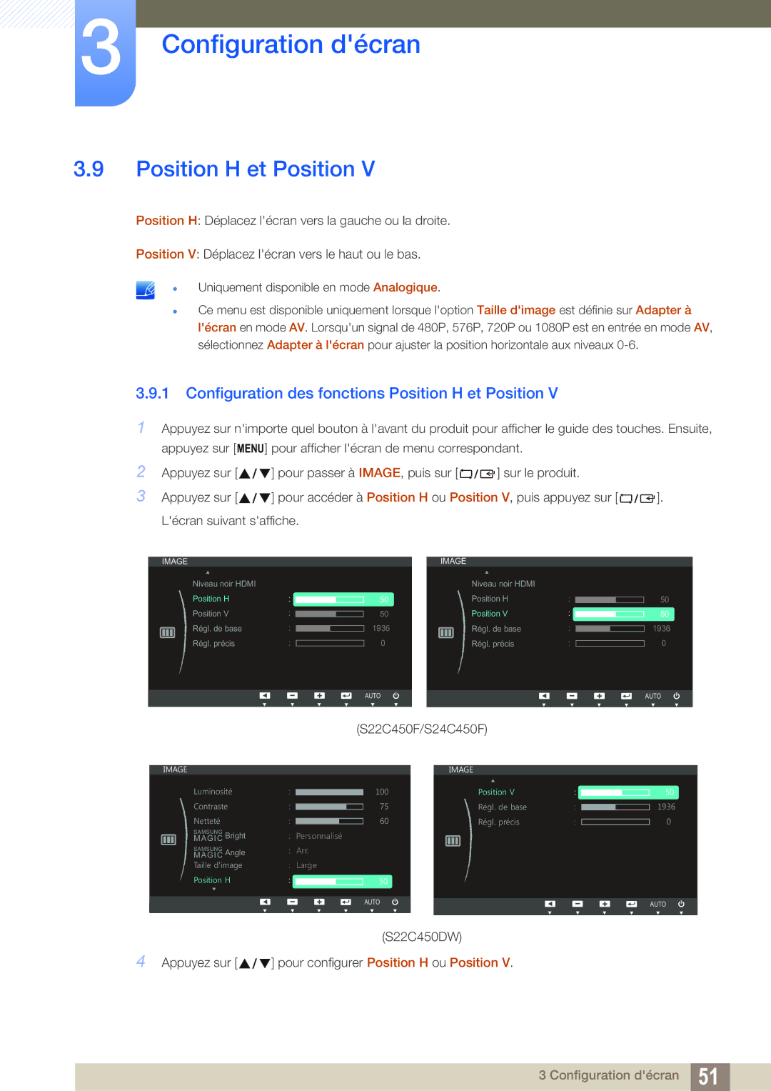 Samsung LS24C45UFS/EN, LS22C45UFS/EN manual Configuration des fonctions Position H et Position 