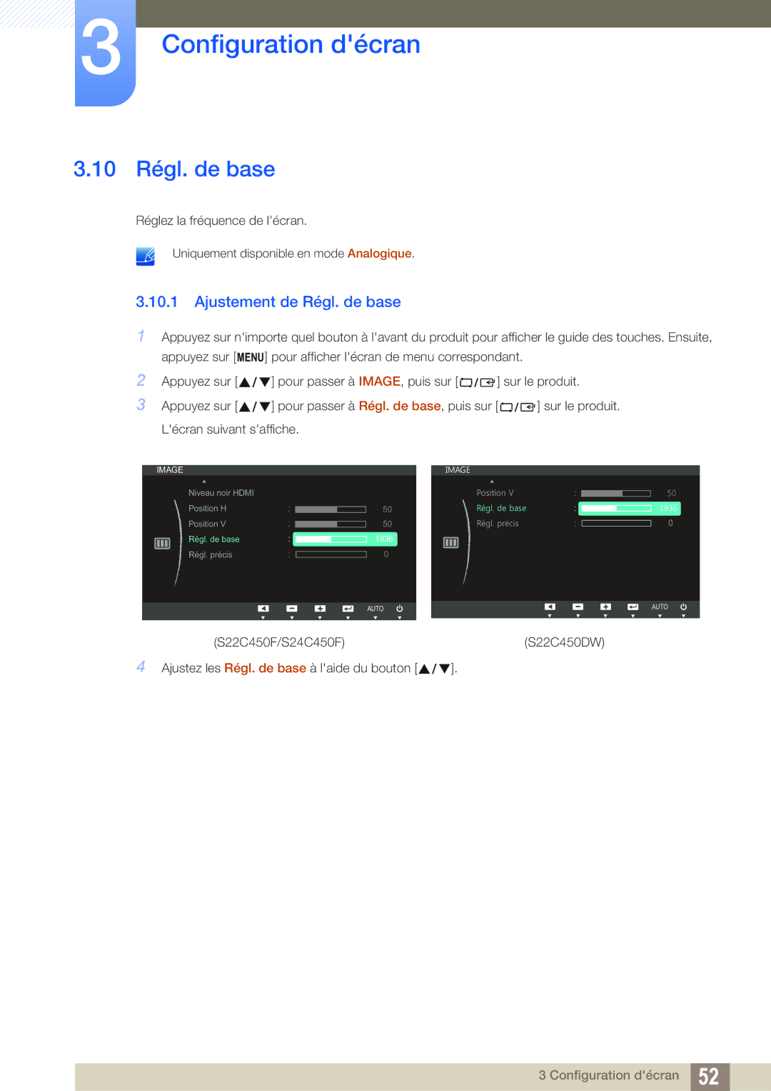 Samsung LS22C45UFS/EN, LS24C45UFS/EN manual 10 Régl. de base, Ajustement de Régl. de base 