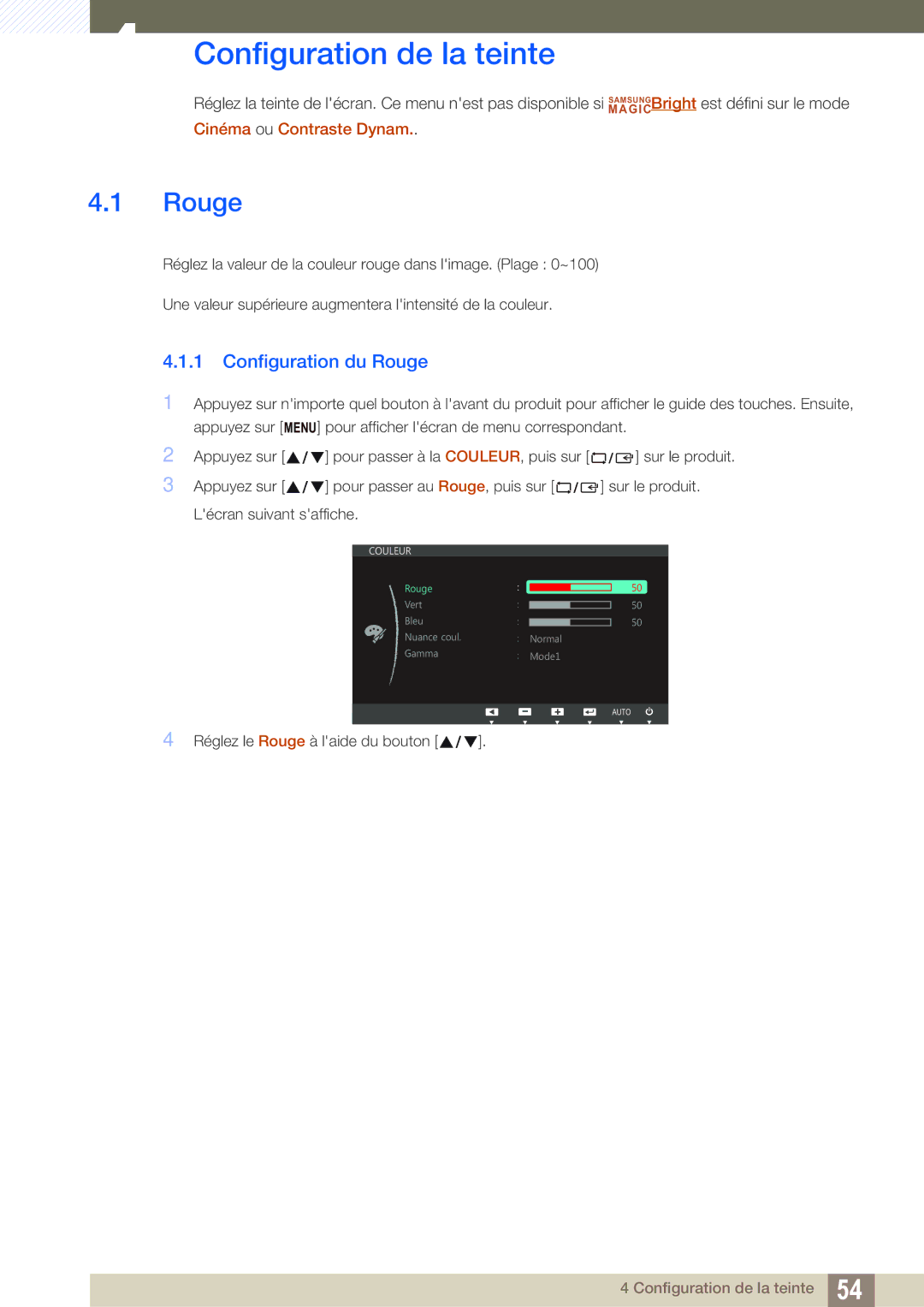 Samsung LS22C45UFS/EN, LS24C45UFS/EN manual Configuration de la teinte, Configuration du Rouge 