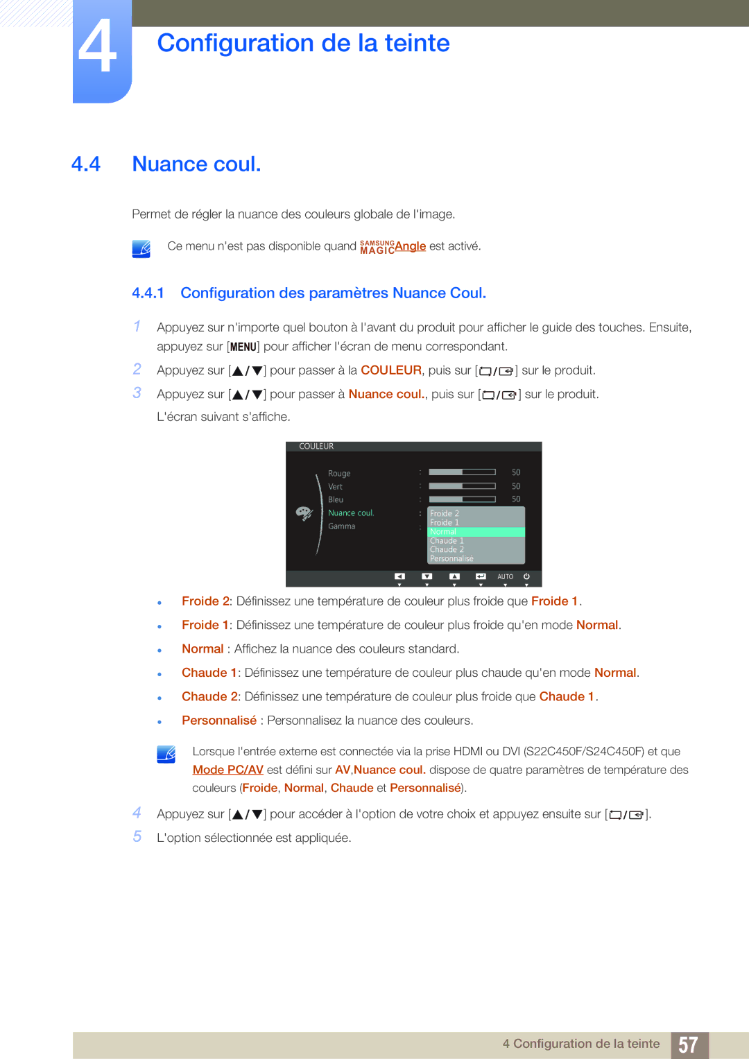 Samsung LS24C45UFS/EN, LS22C45UFS/EN manual Nuance coul, Configuration des paramètres Nuance Coul 