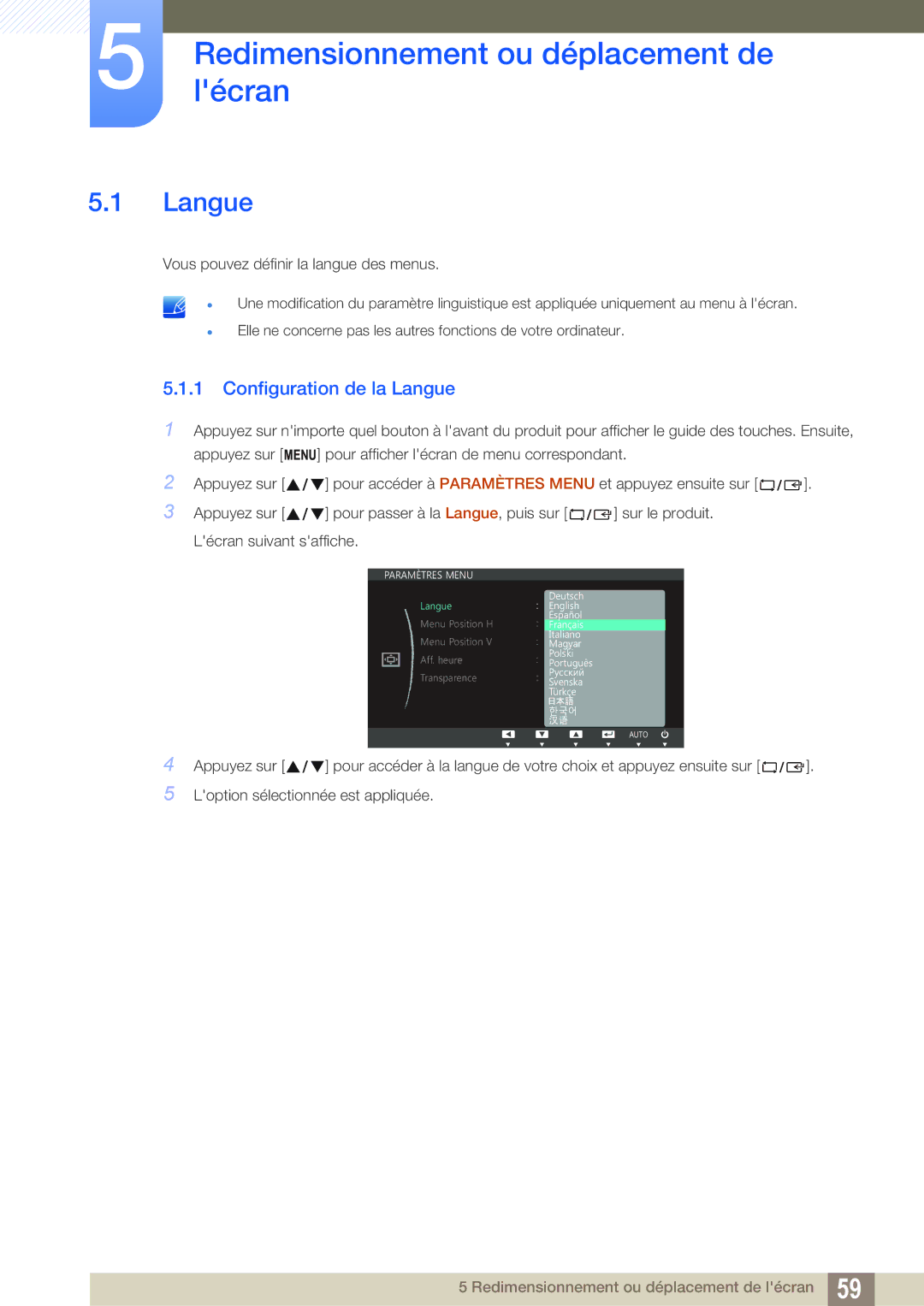 Samsung LS24C45UFS/EN, LS22C45UFS/EN manual Redimensionnementlécranou déplacement de, Configuration de la Langue 