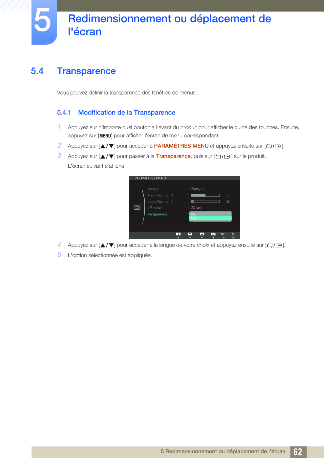 Samsung LS22C45UFS/EN, LS24C45UFS/EN manual Modification de la Transparence 