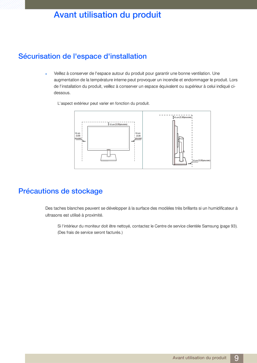 Samsung LS24C45UFS/EN, LS22C45UFS/EN manual Sécurisation de lespace dinstallation, Précautions de stockage 