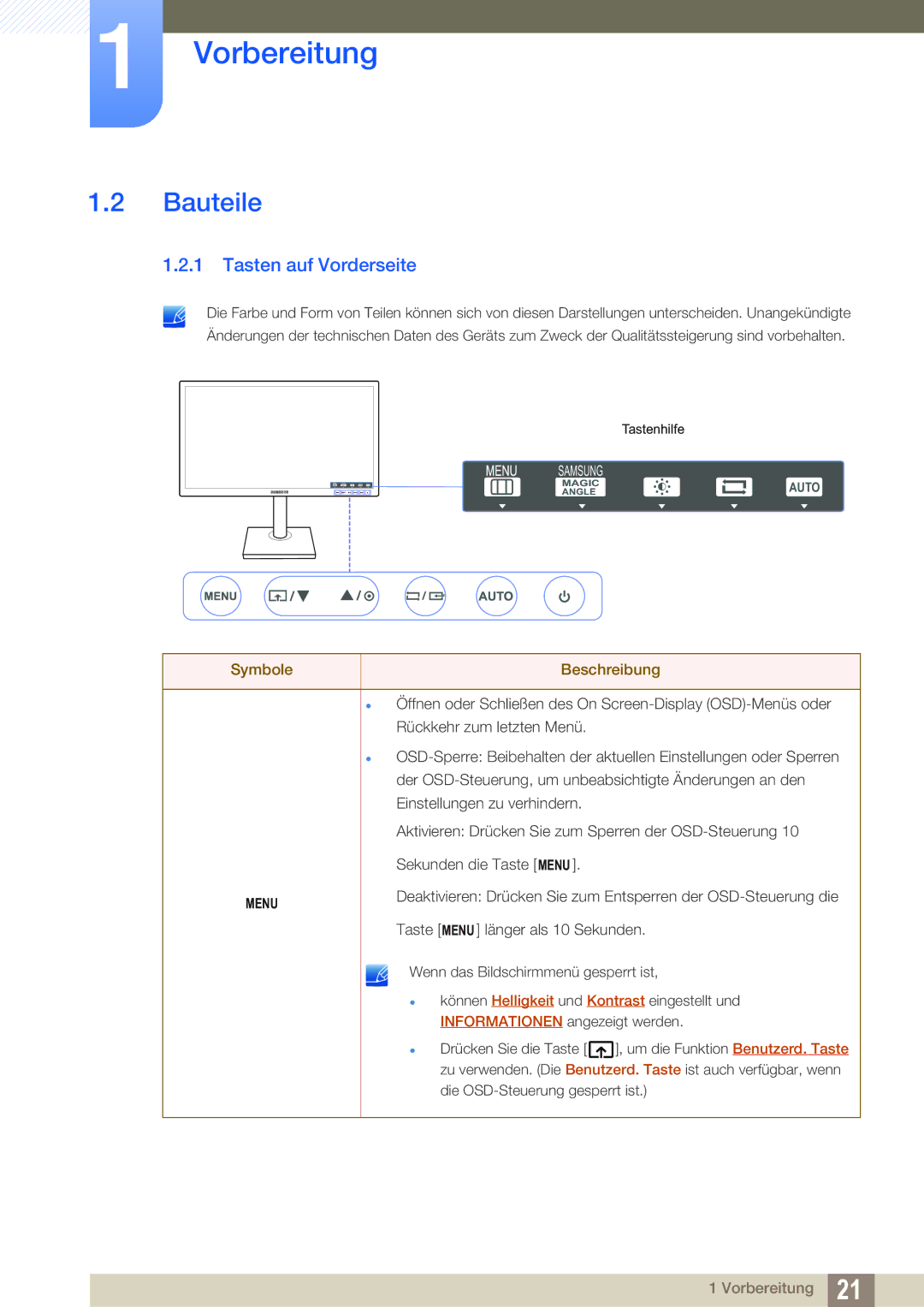 Samsung LS24C45UFS/EN, LS22C45UFS/EN manual Bauteile, Tasten auf Vorderseite 